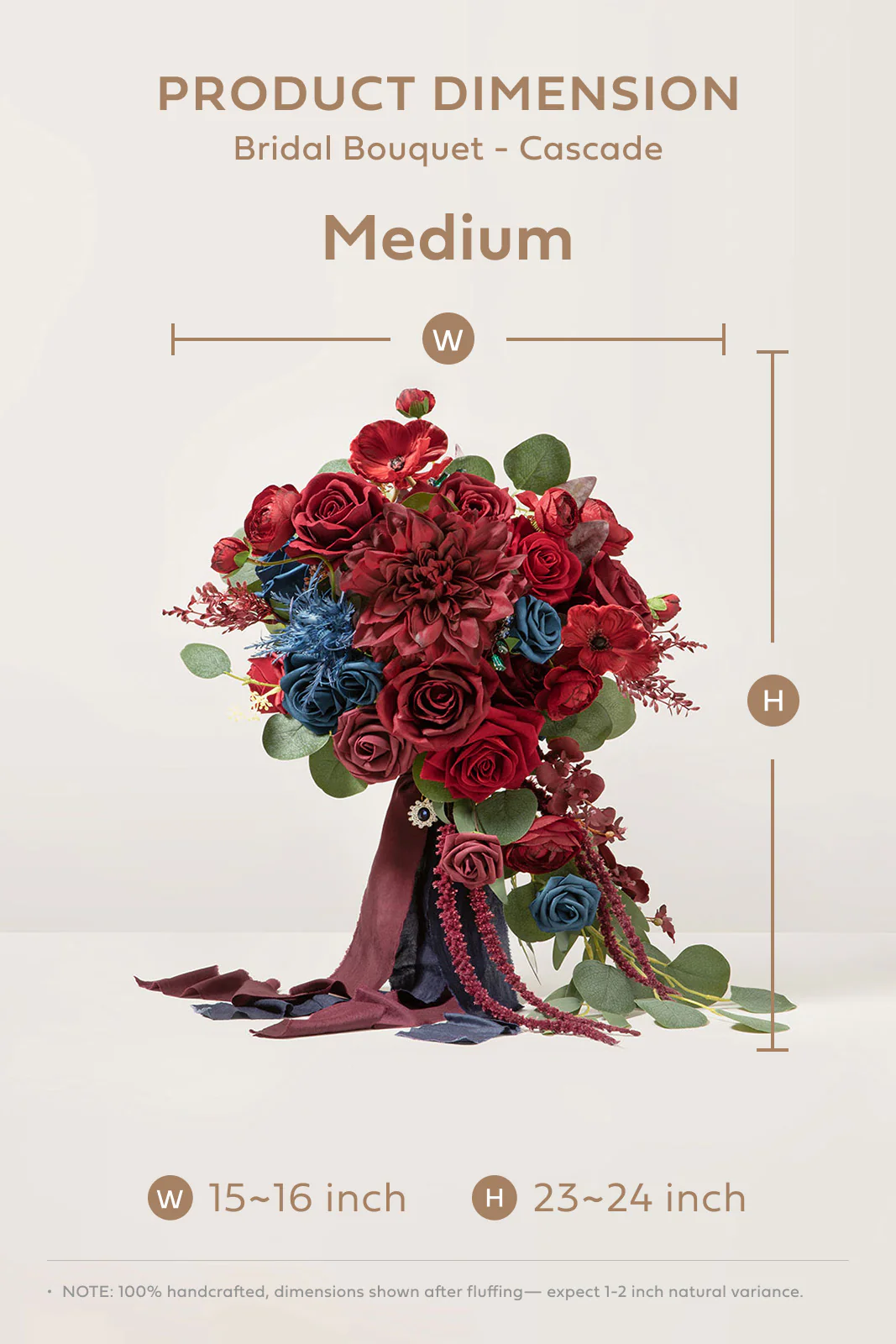 Medium Cascade Bridal Bouquet in Burgundy & Navy - Image 7