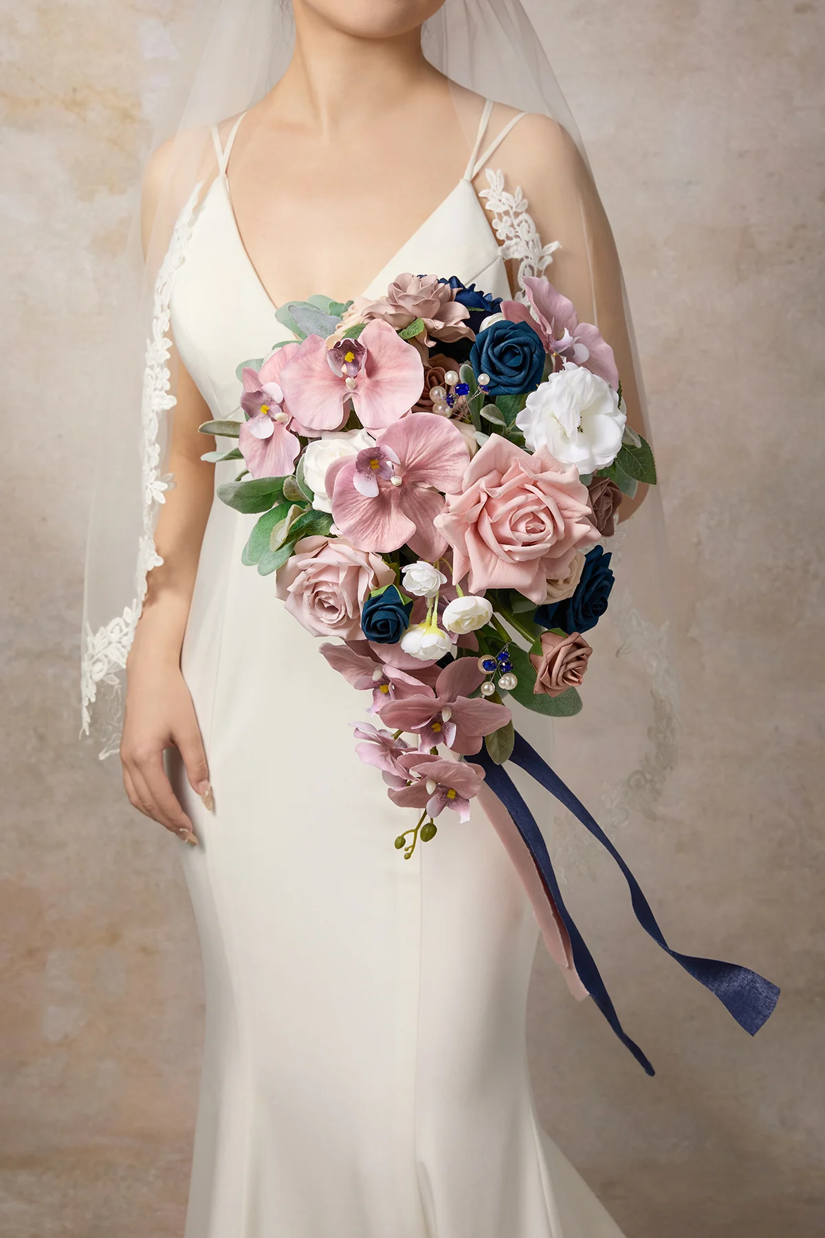 Small Cascade Bridal Bouquet in Dusty Rose & Navy - Image 2