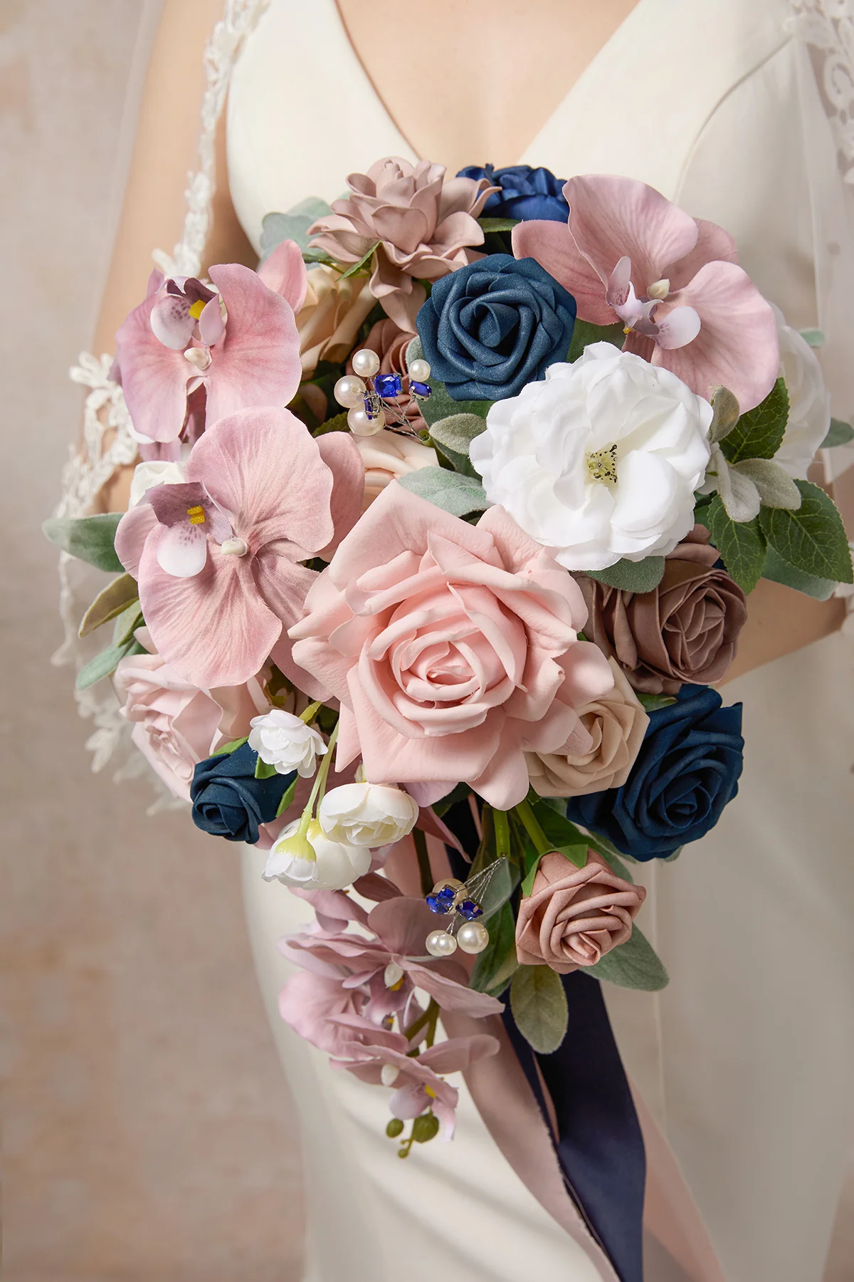 Small Cascade Bridal Bouquet in Dusty Rose & Navy - Image 5