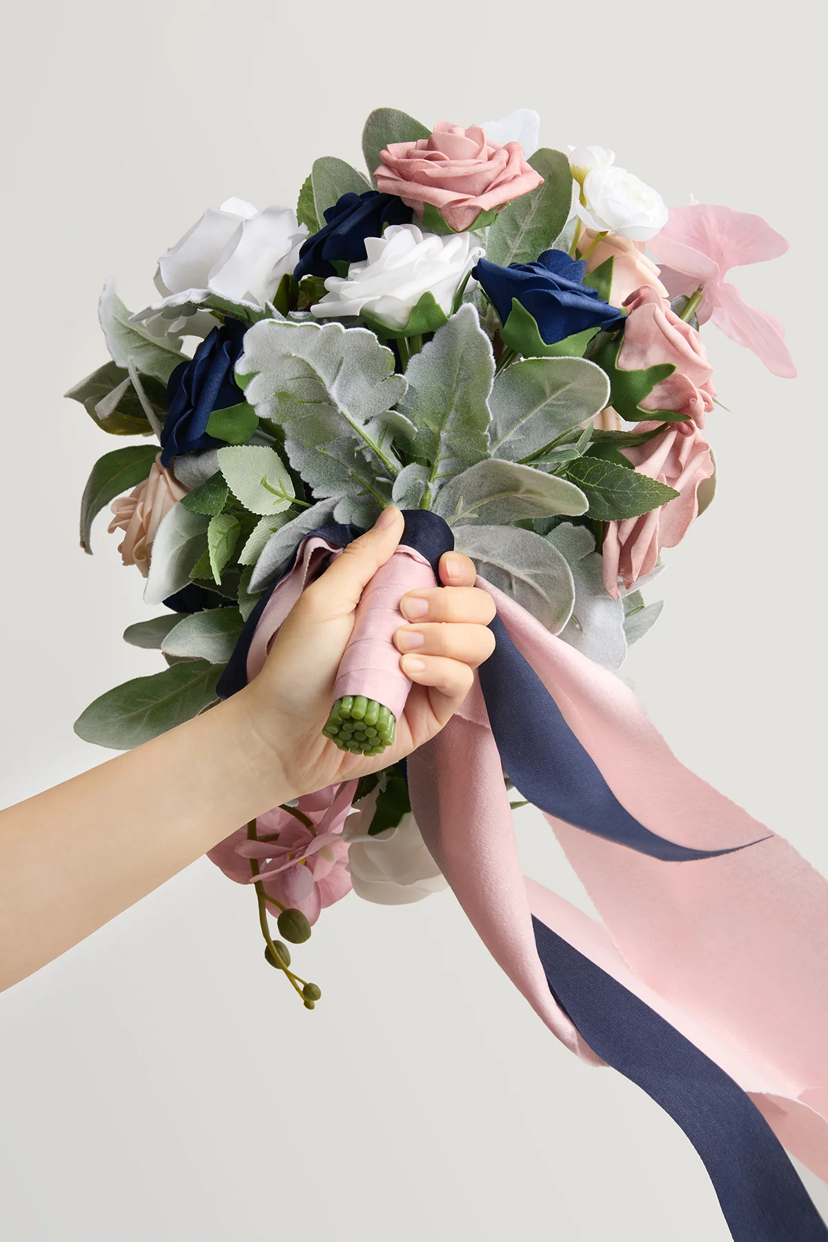 Small Cascade Bridal Bouquet in Dusty Rose & Navy - Image 6