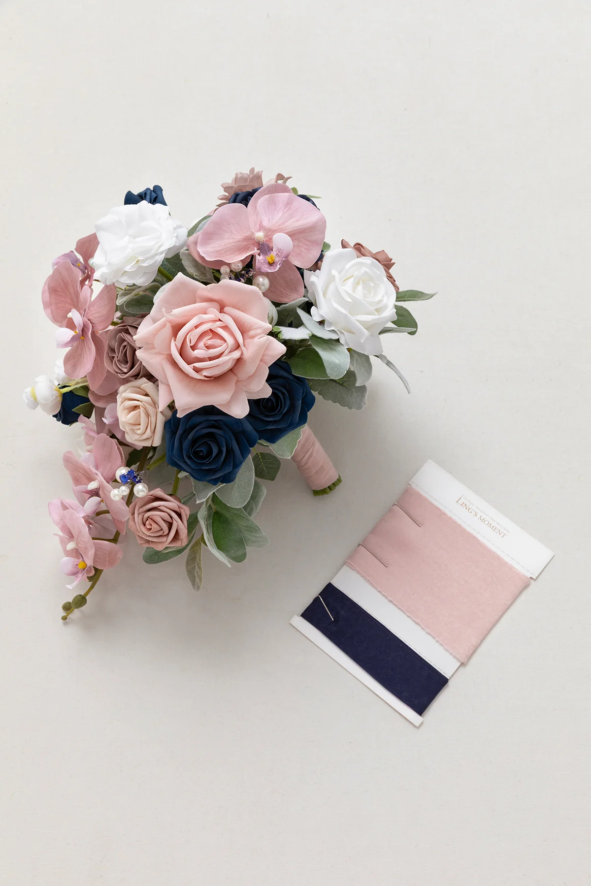 Small Cascade Bridal Bouquet in Dusty Rose & Navy - Image 7