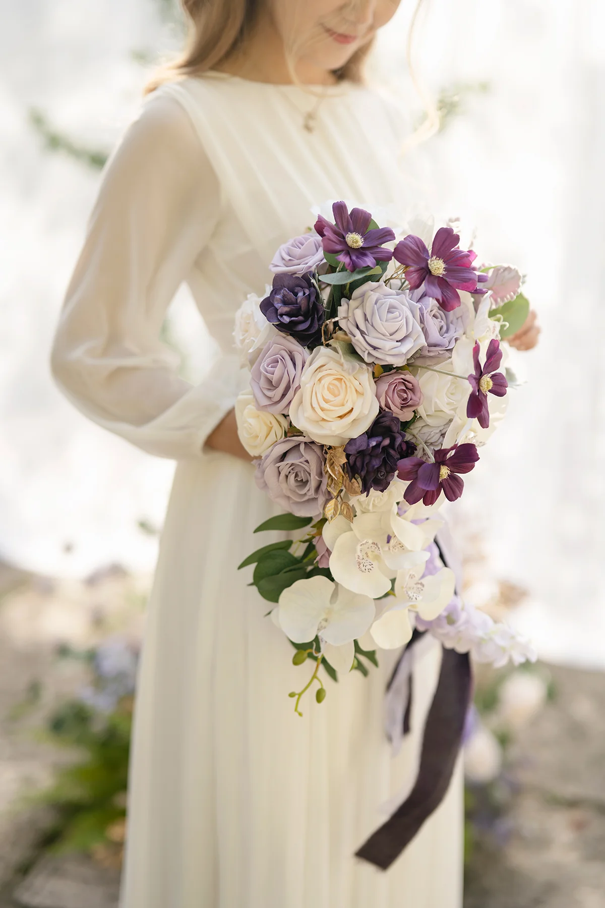 Small Cascade Bridal Bouquet in Lilac & Gold | Clearance - Image 2