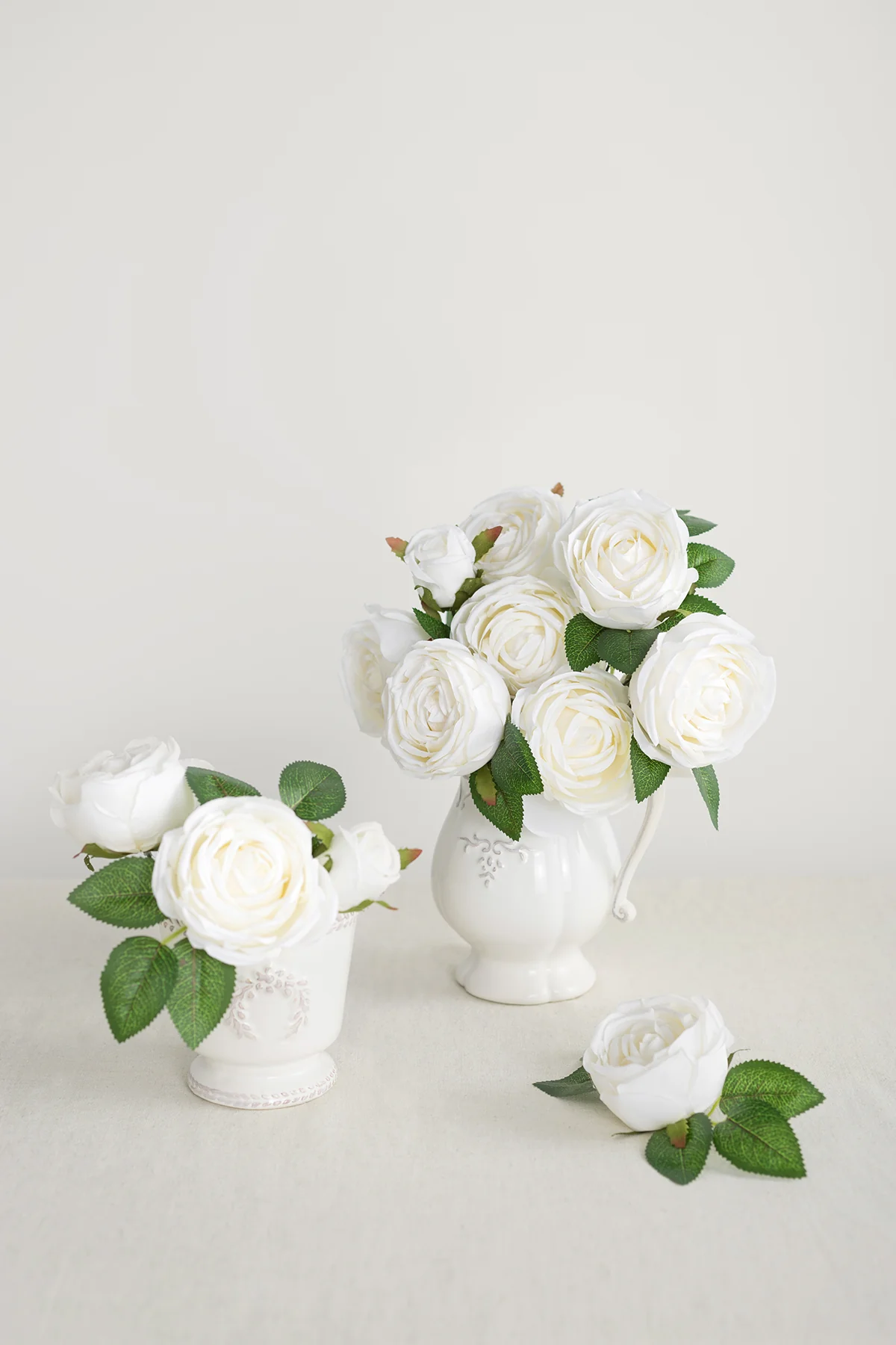 3.5" Silk Austin Rose & 3" Cabbage Rose with Stem - Ivory - Image 2