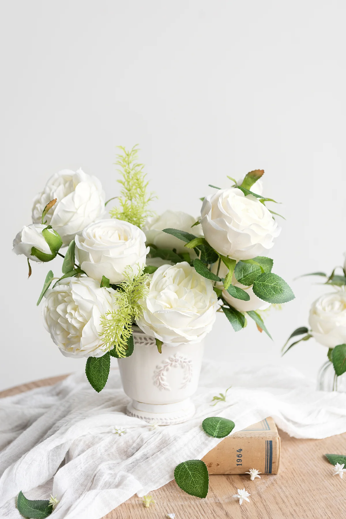 3.5" Silk Austin Rose & 3" Cabbage Rose with Stem - Ivory - Image 3