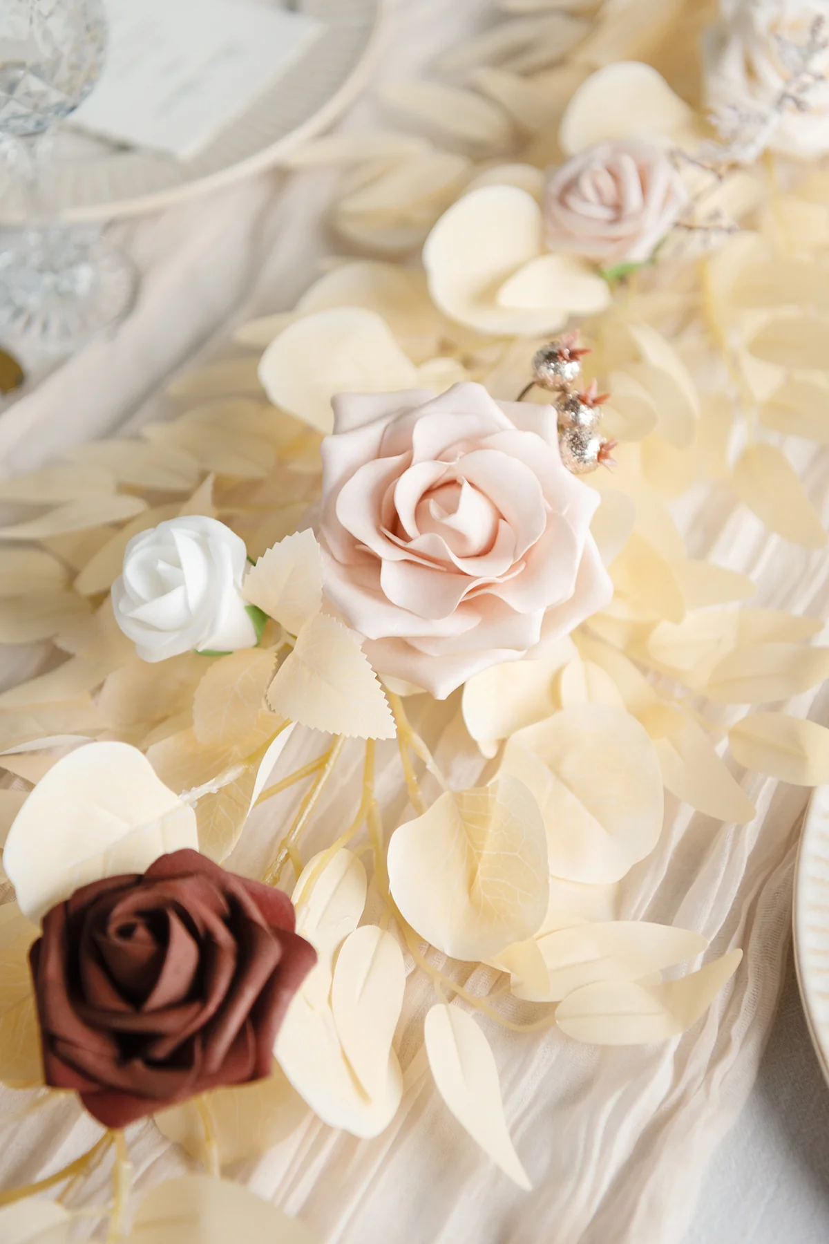 5ft Rose Leaf Flower Garland in White & Beige | Clearance - Image 3