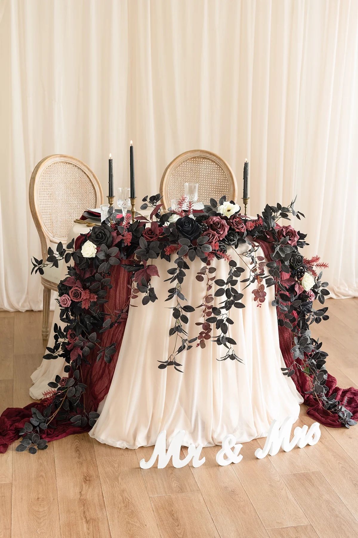 9ft Head Table Flower Garland in Moody Burgundy & Black - Image 3