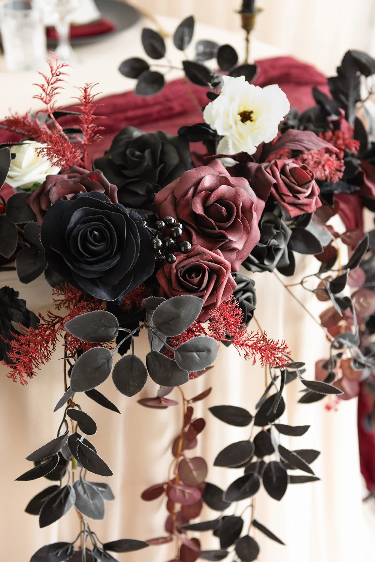 9ft Head Table Flower Garland in Moody Burgundy & Black - Image 4