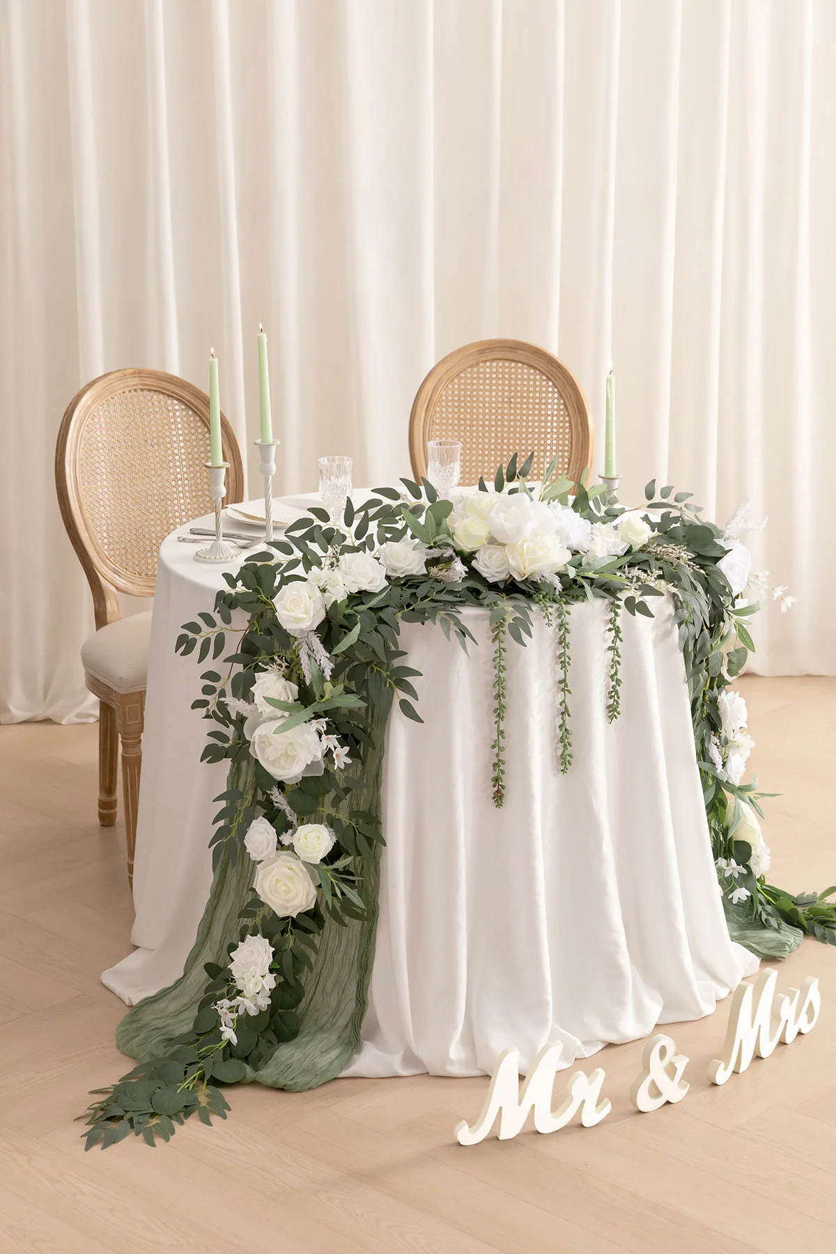 9ft Head Table Flower Garland in White & Sage - Image 2