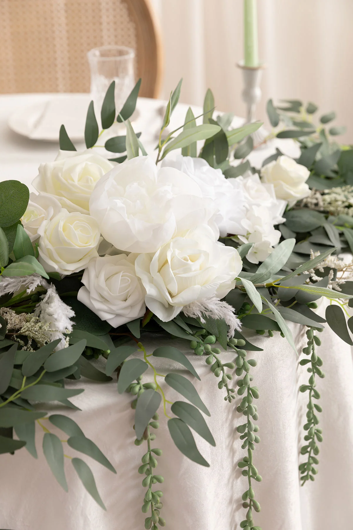9ft Head Table Flower Garland in White & Sage - Image 3