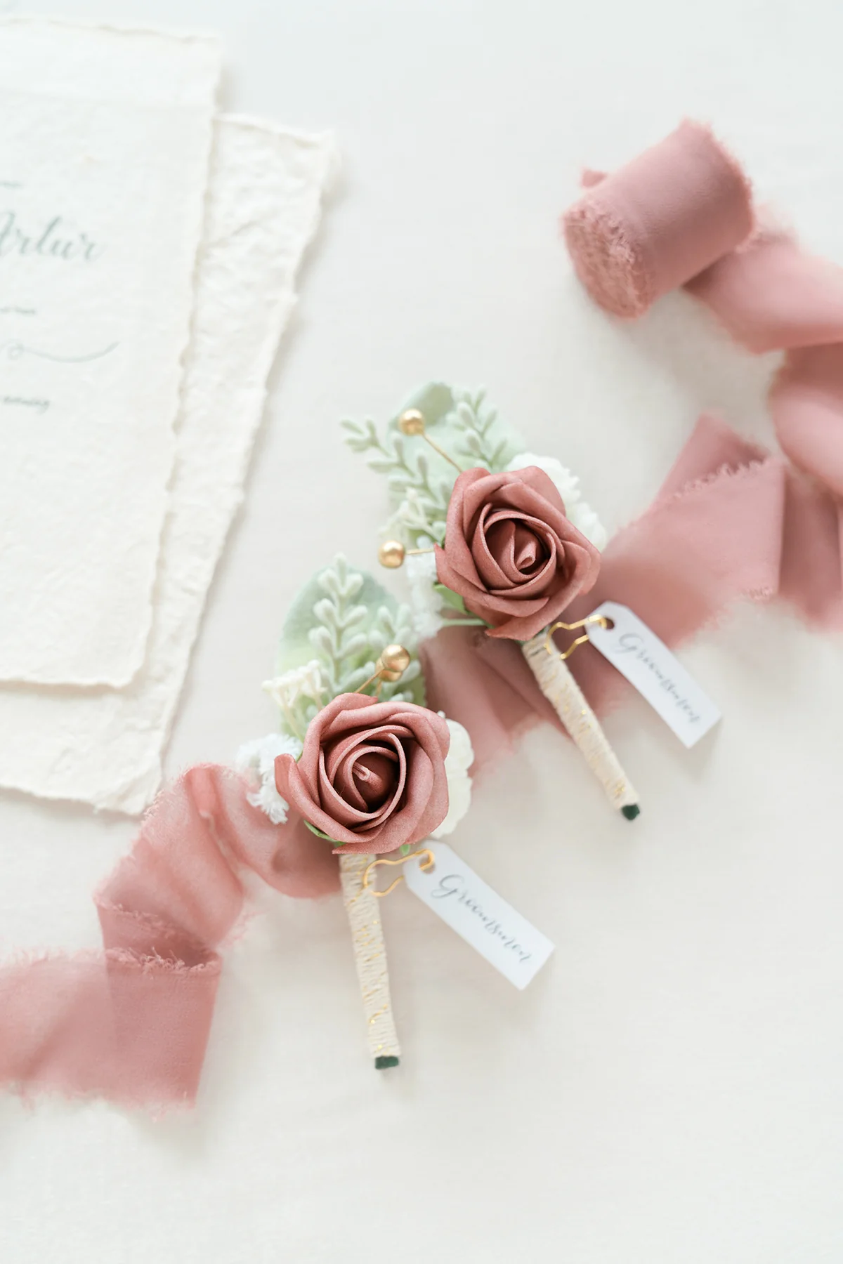 Boutonniere In Dusty Rose & Cream (Set of 2) - Image 2