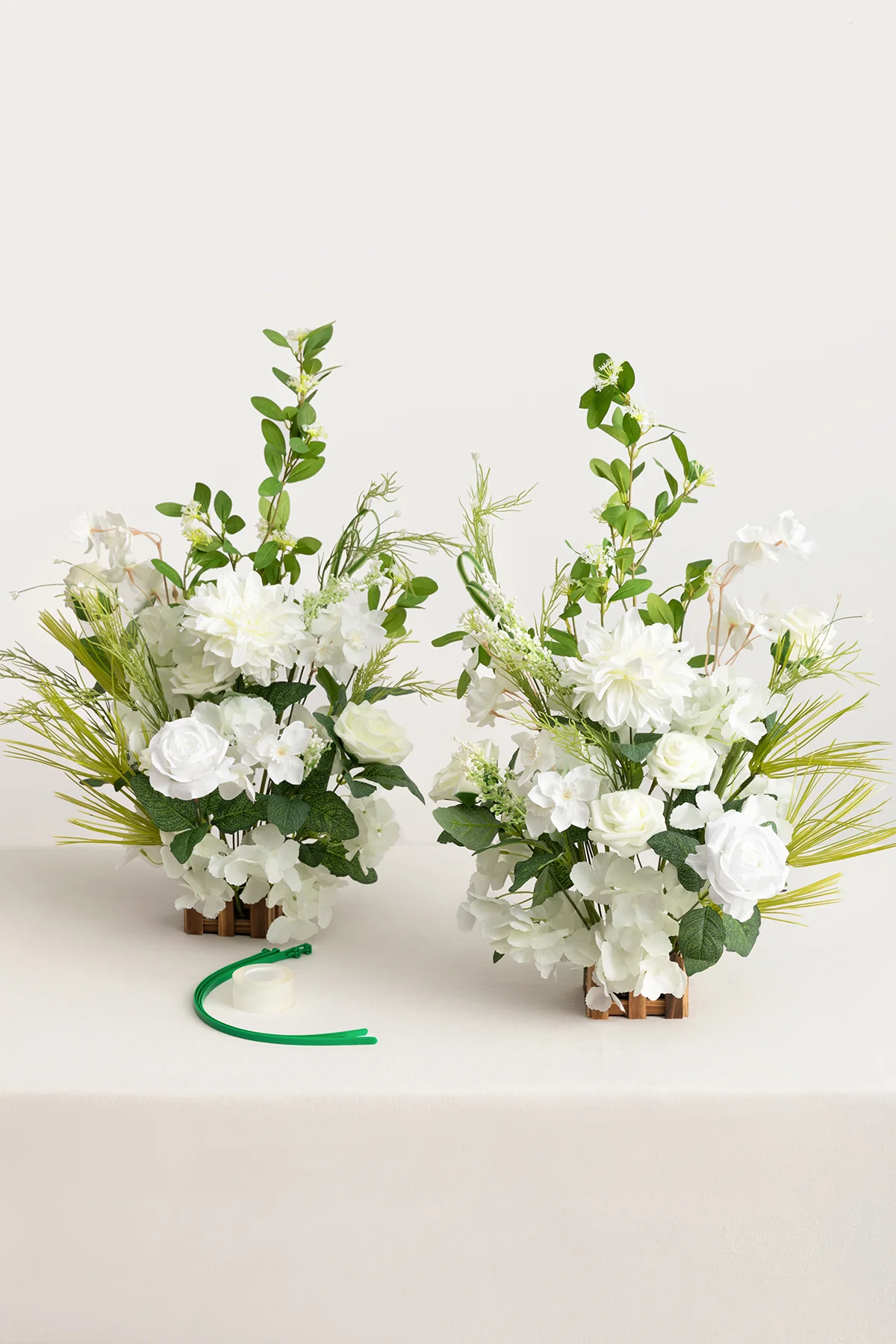 Set of 2 Wedding Aisle Runner Flower Arrangements in White & Green