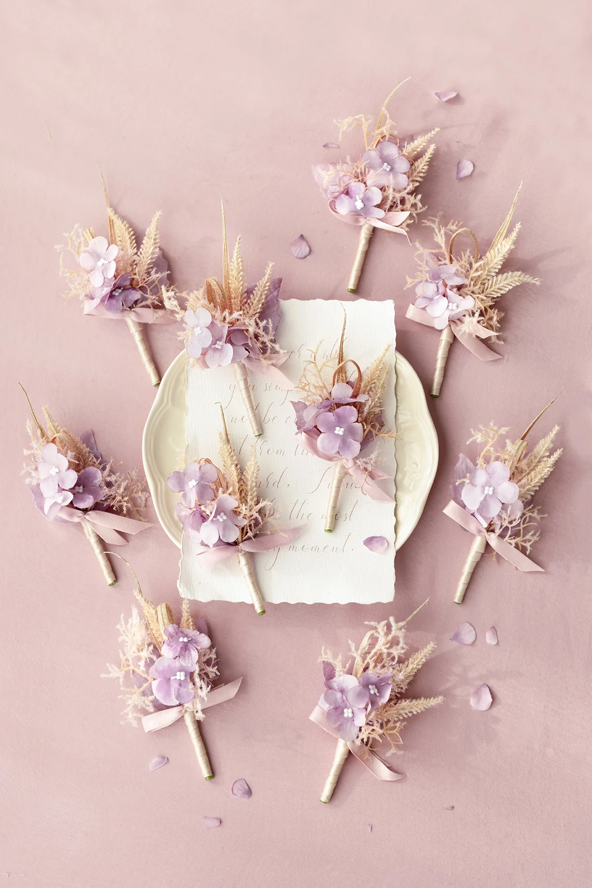 Boutonnieres for Guests in Lavender Aster & Burnt Orange | Clearance