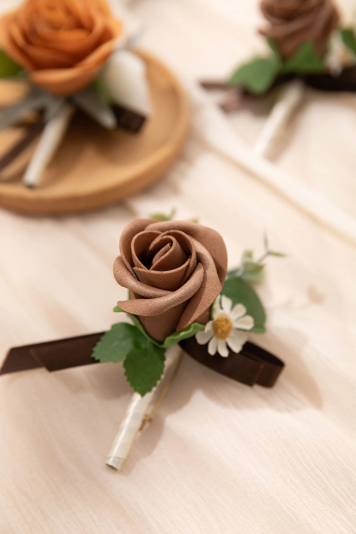 Boutonnieres in Earth Brown & Burnt Orange Velvet Wedding (Set of 6) - Image 3