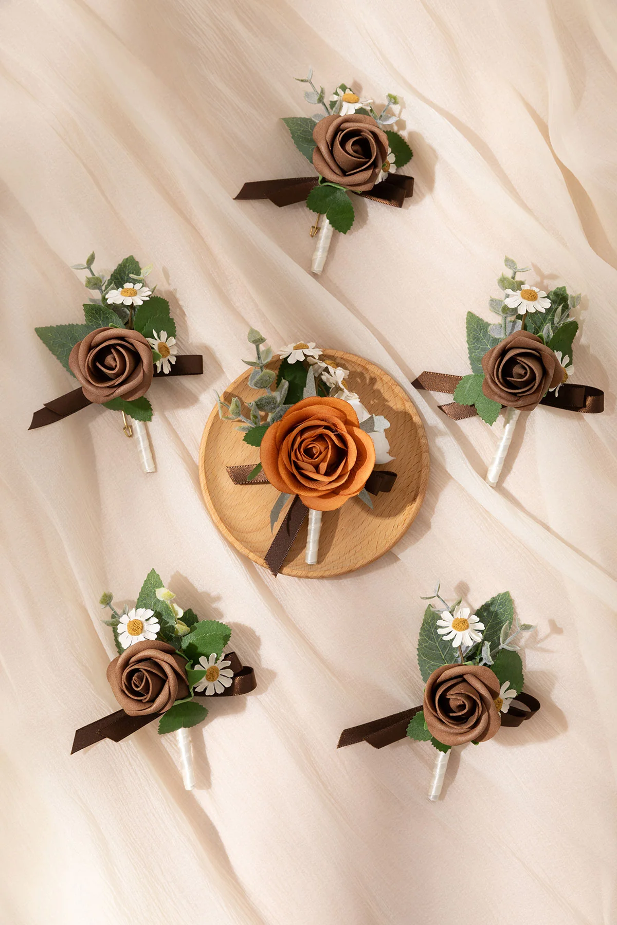 Boutonnieres in Earth Brown & Burnt Orange Velvet Wedding (Set of 6) - Image 4