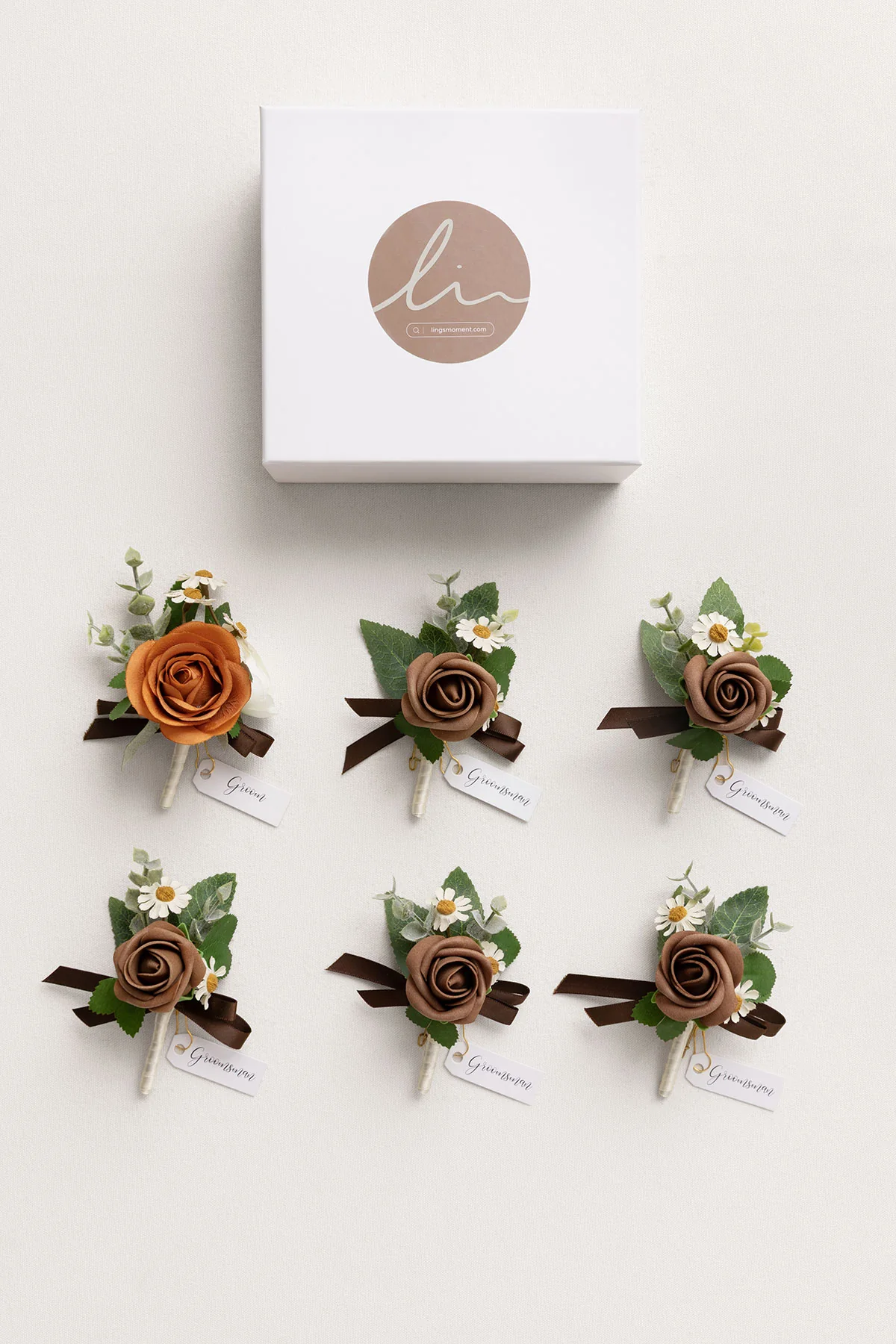 Boutonnieres in Earth Brown & Burnt Orange Velvet Wedding (Set of 6) - Image 5