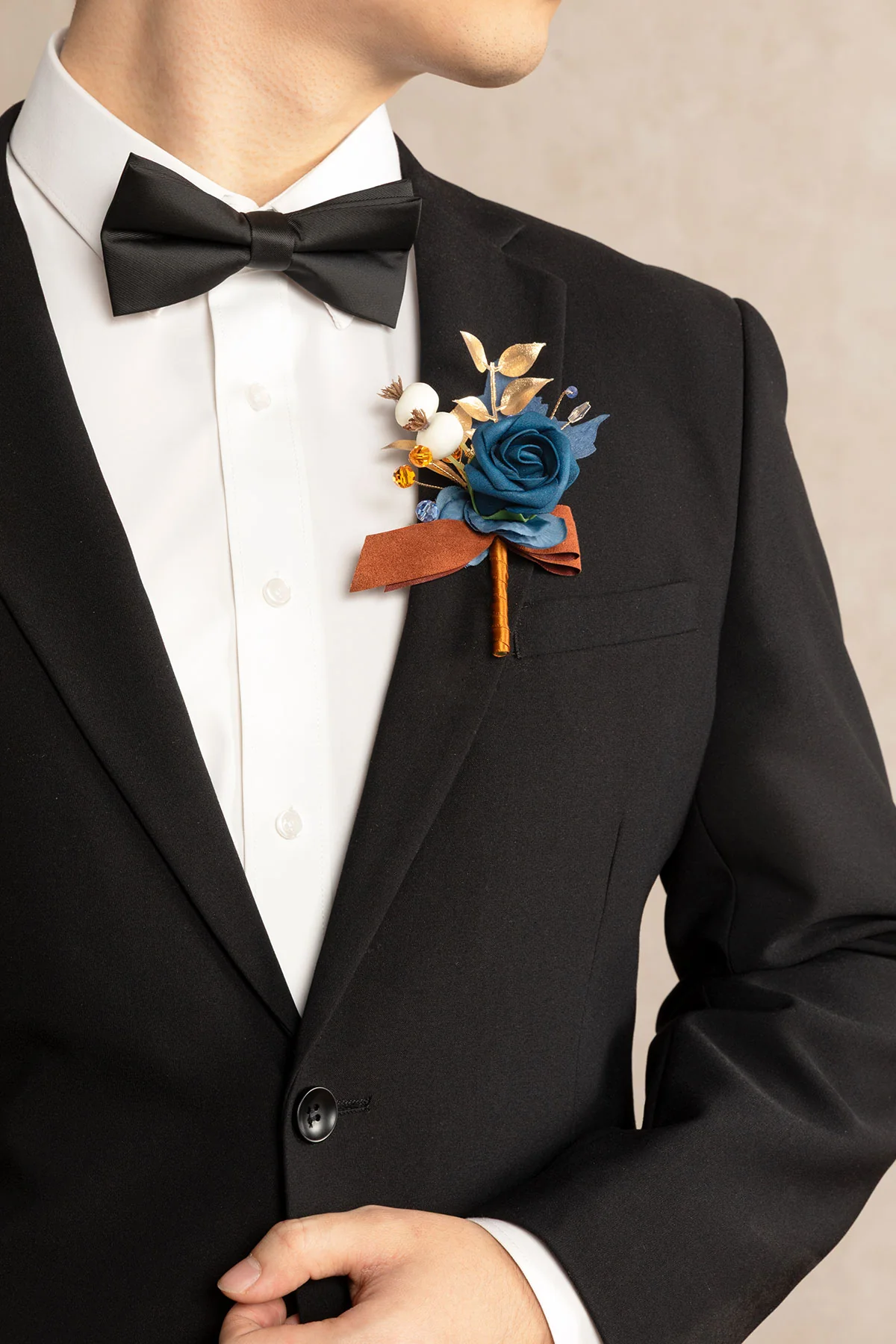 Boutonnieres in Russet Orange & Denim Blue - Image 2
