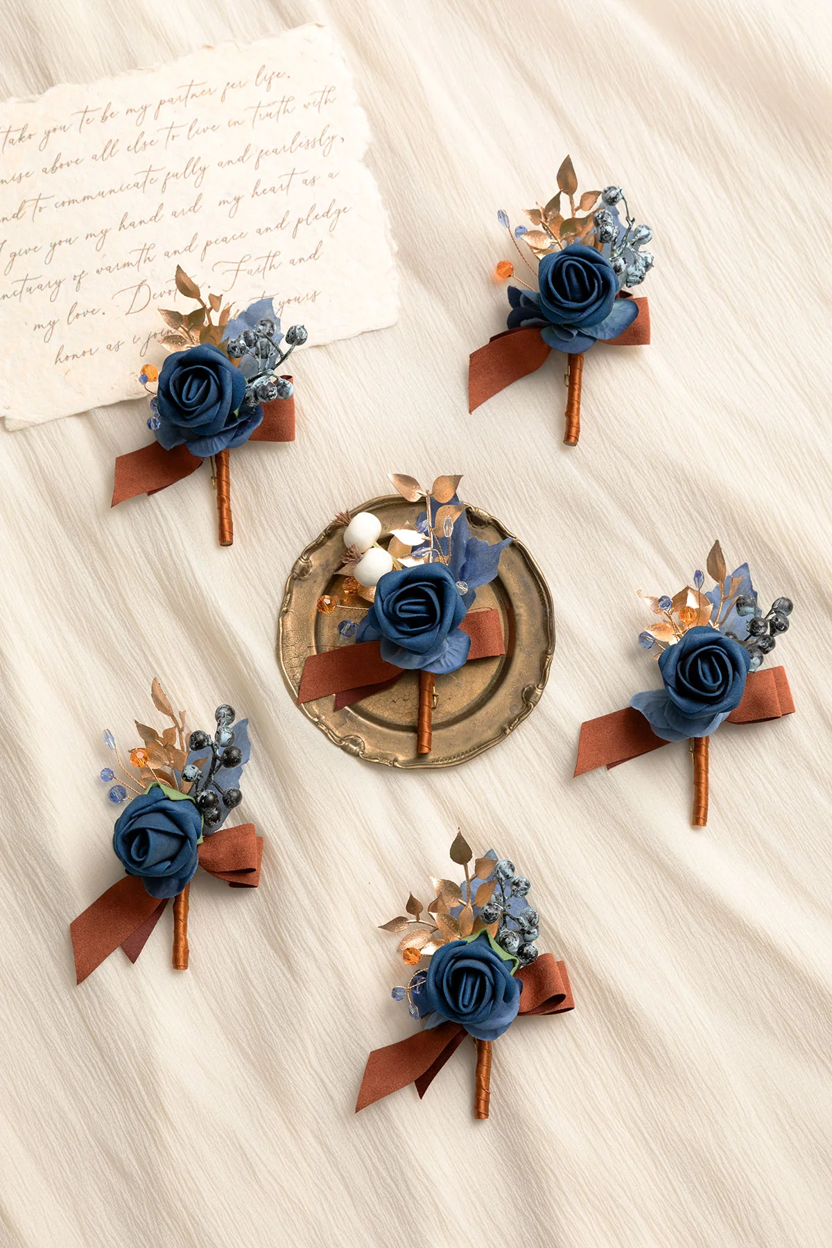 Boutonnieres in Russet Orange & Denim Blue - Image 3