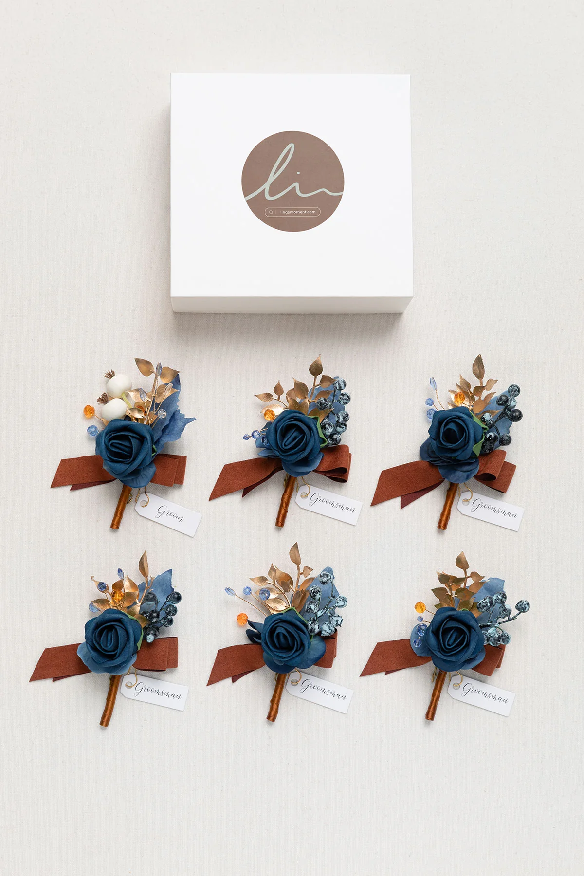 Boutonnieres in Russet Orange & Denim Blue - Image 5