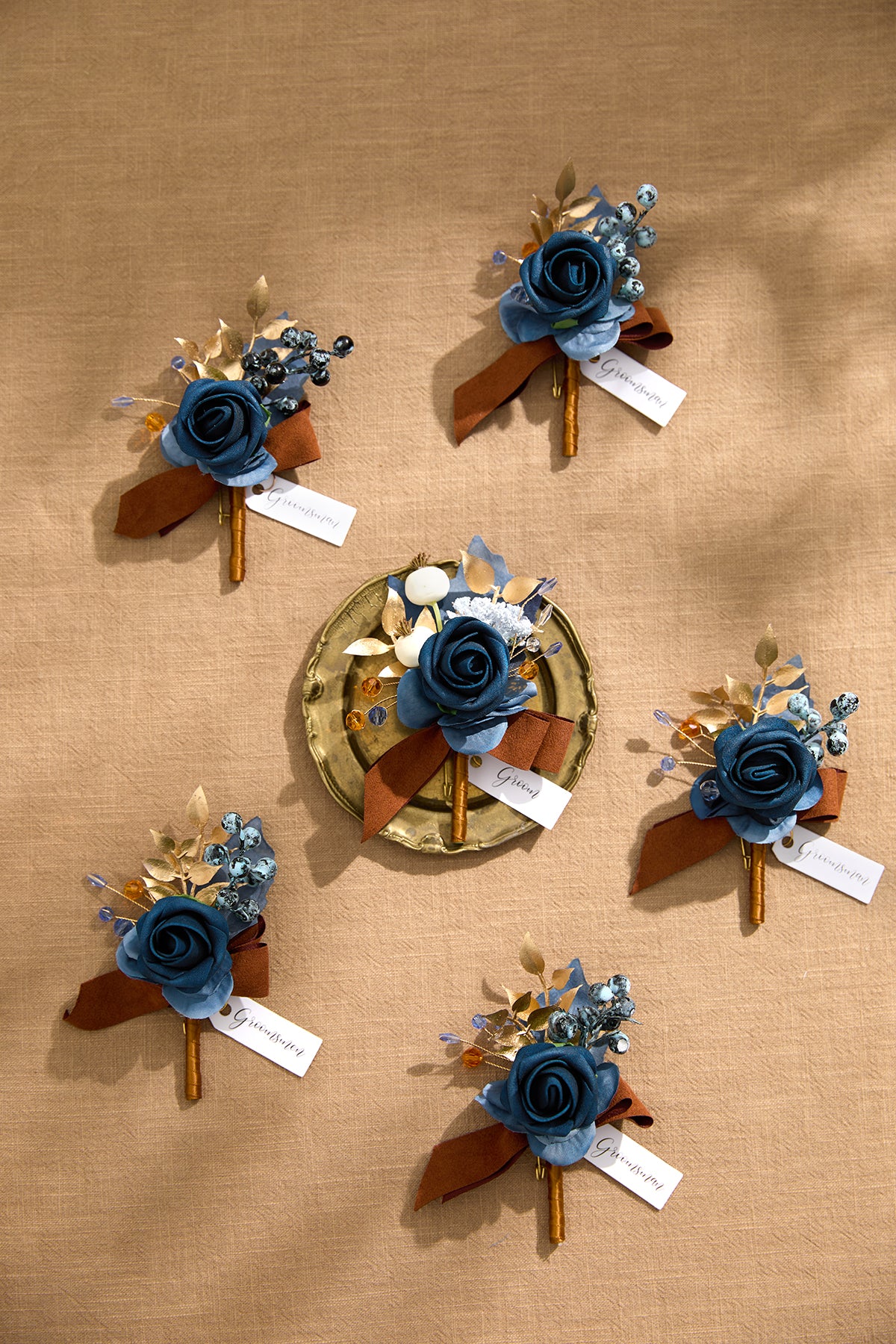 Boutonnieres in Russet Orange & Denim Blue | Clearance - Image 2