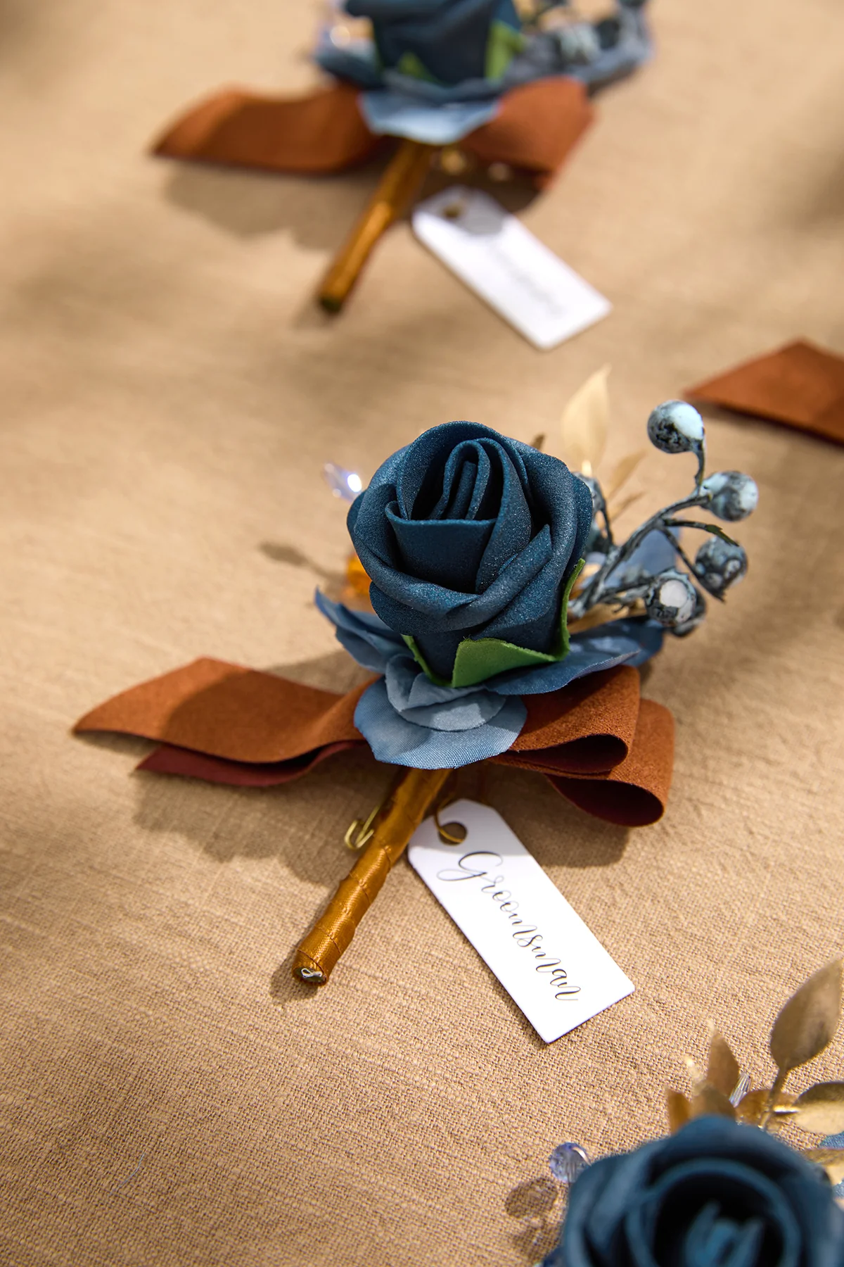 Boutonnieres in Russet Orange & Denim Blue | Clearance - Image 5