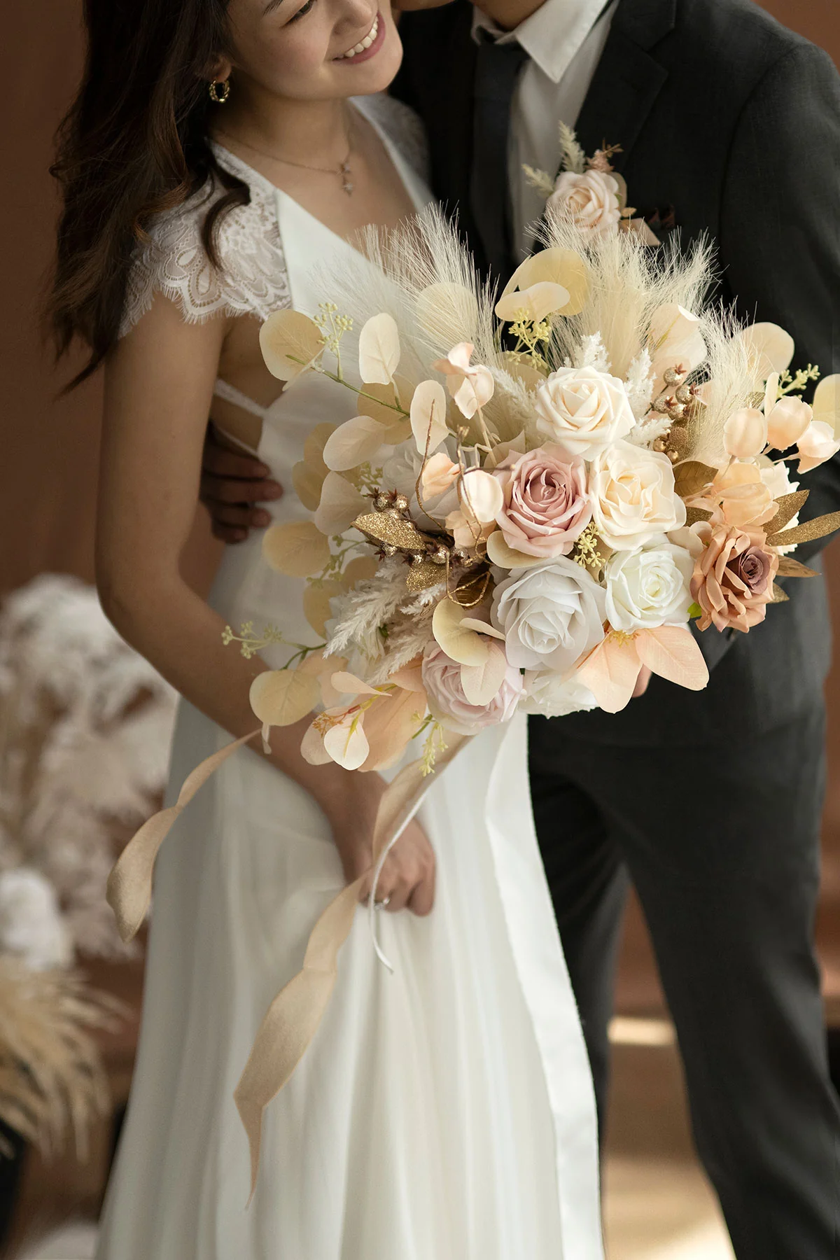 Medium Free-Form Bridal Bouquet in White & Beige | Clearance - Image 2