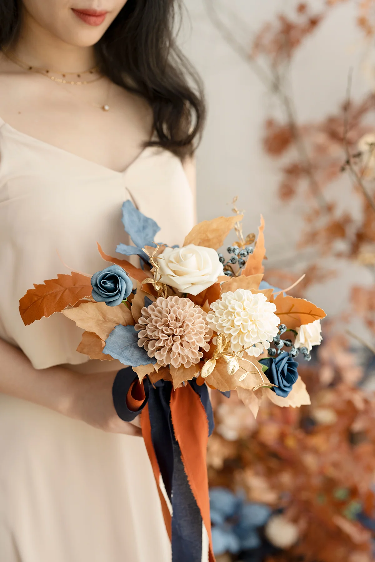 Bridesmaid Posy in Russet Orange & Denim Blue - Image 5