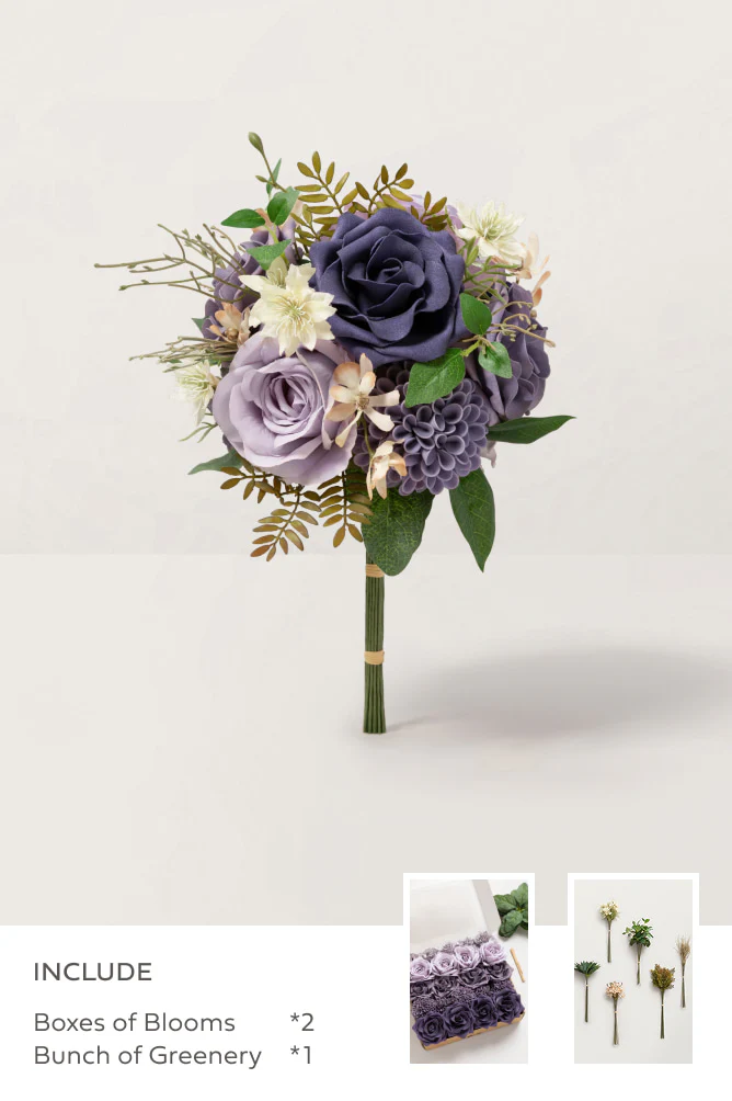 Purple & Pale Lavender with Olive Green Mixed Greenery - DIY Bridesmaid Bouquet Kit (Set of 4)