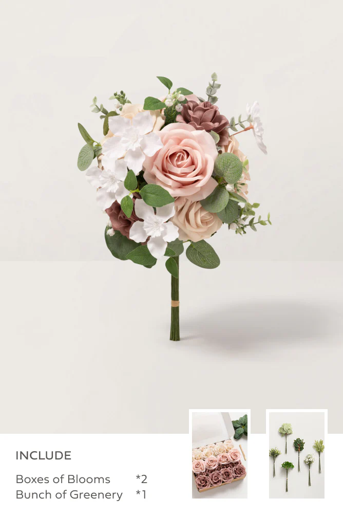 Dusty Rose & Nude with Olive Green Mixed Greenery - DIY Bridesmaid Bouquet Kit (Set of 4)