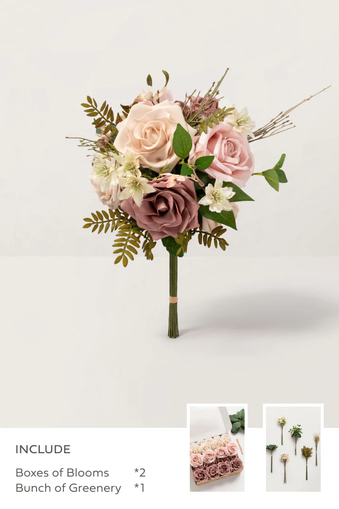 Dusty Rose & Nude with Olive Green Mixed Greenery - DIY Bridesmaid Bouquet Kit (Set of 4)