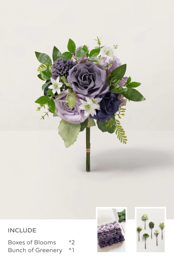 Purple & Pale Lavender with Sage Mixed Greenery - DIY Bridesmaid Bouquet Kit (Set of 4)