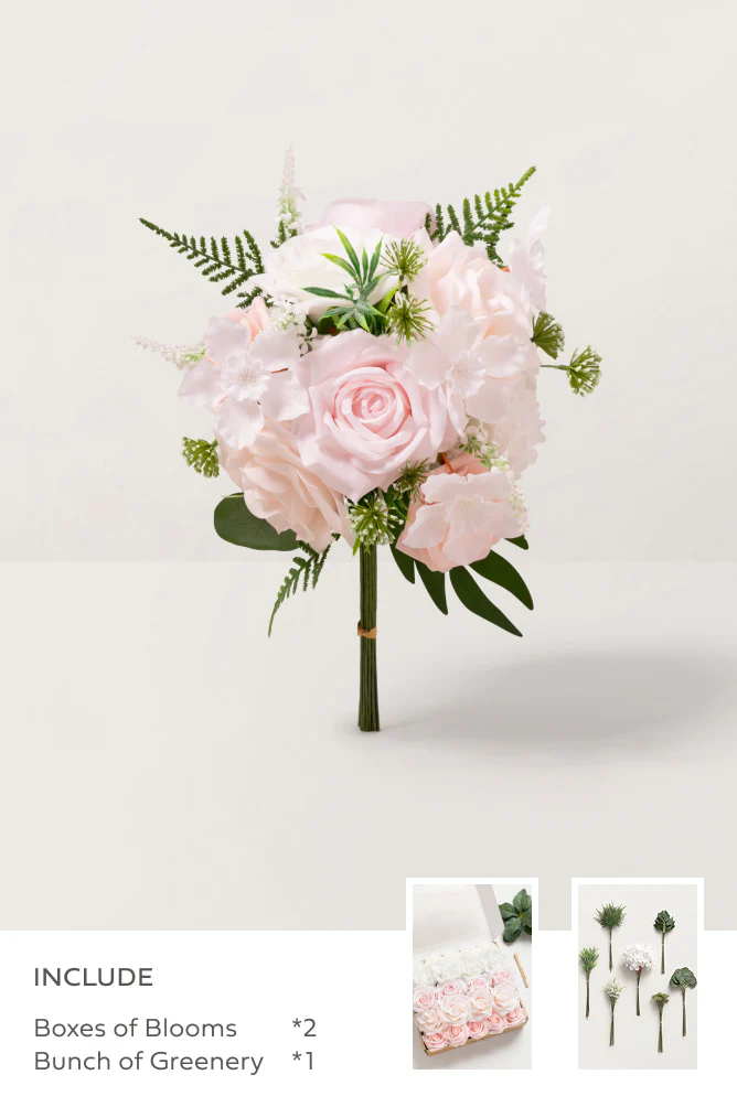 Blush & White with Dark Green Mixed Greenery - DIY Bridesmaid Bouquet Kit (Set of 4)