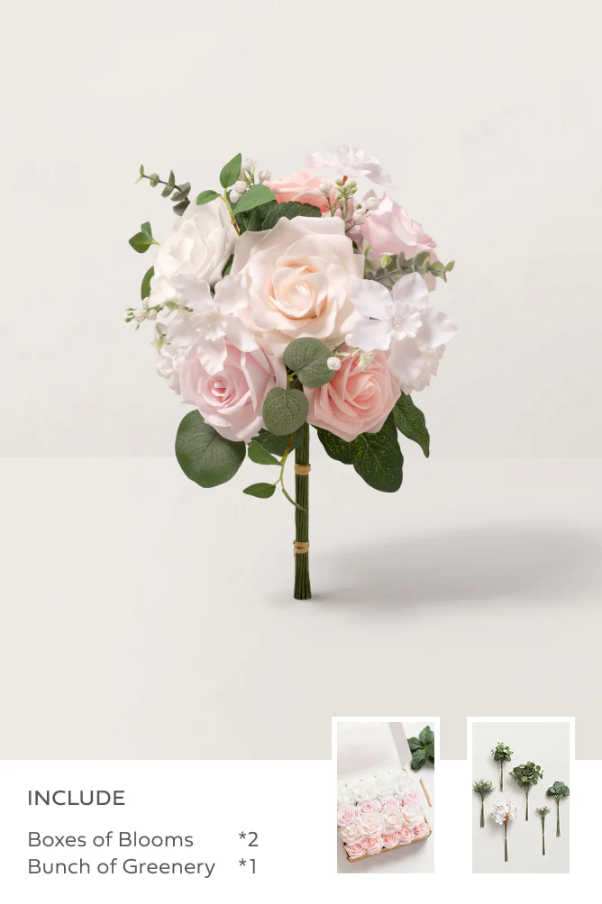Blush & White with Kiwi Colada Mixed Greenery - DIY Bridesmaid Bouquet Kit (Set of 4)