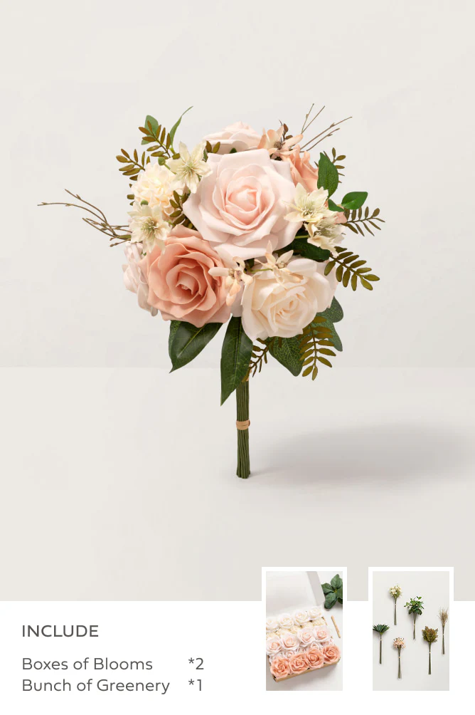 Ballet Pointe & Cream with Olive Green Mixed Greenery - DIY Bridesmaid Bouquet Kit (Set of 4)