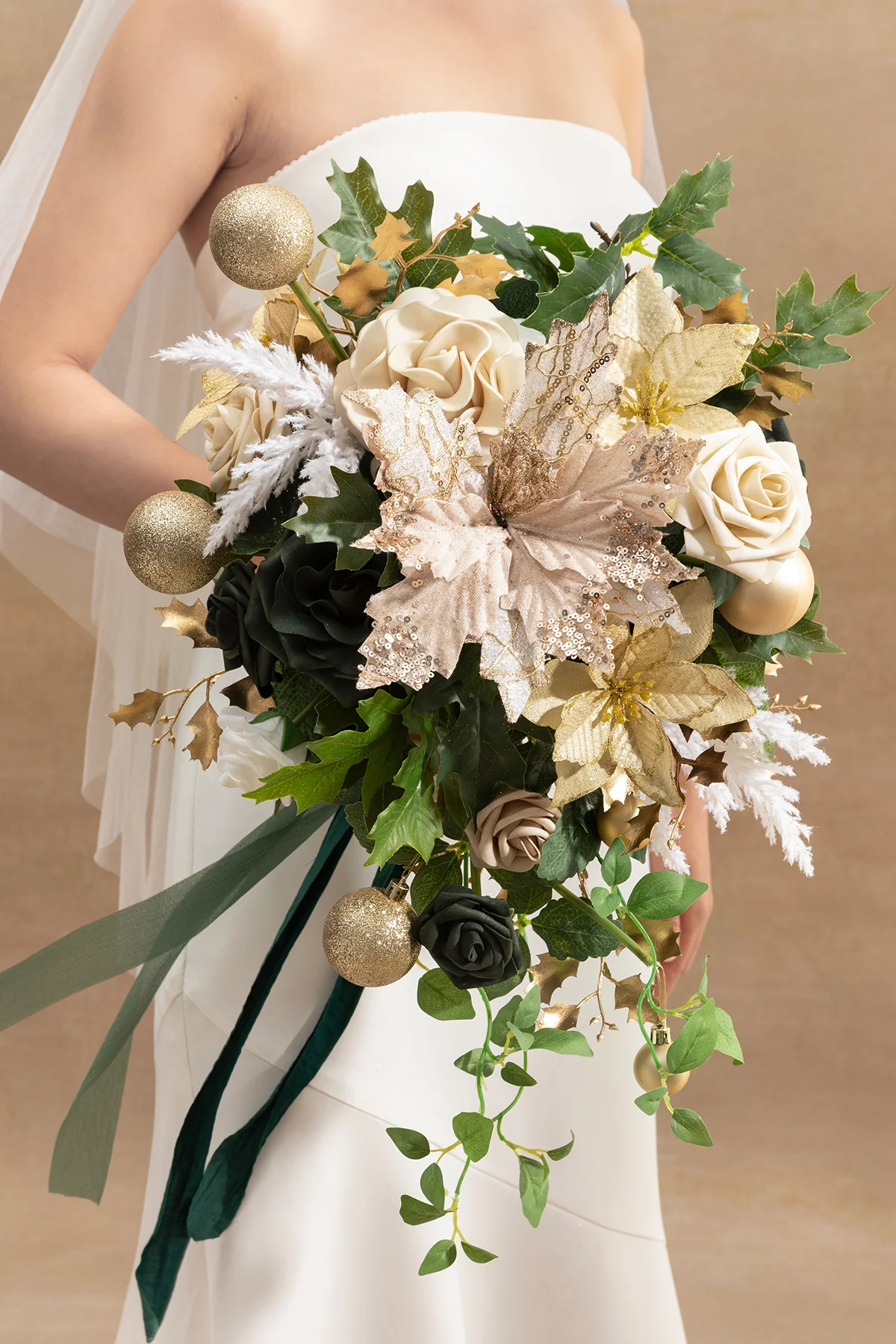 Small Cascade Bridal Bouquet in Gilded White Christmas Wedding - Image 3