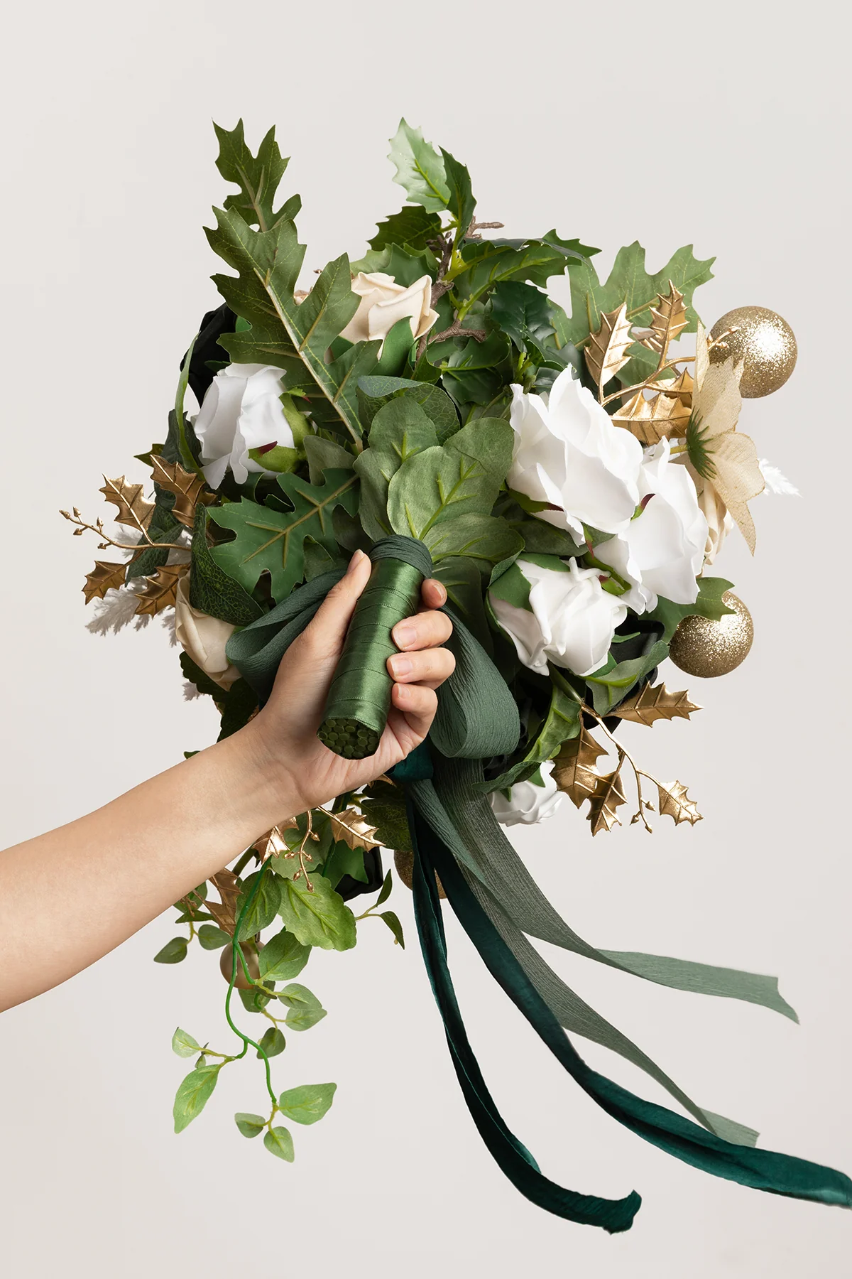 Small Cascade Bridal Bouquet in Gilded White Christmas Wedding - Image 4