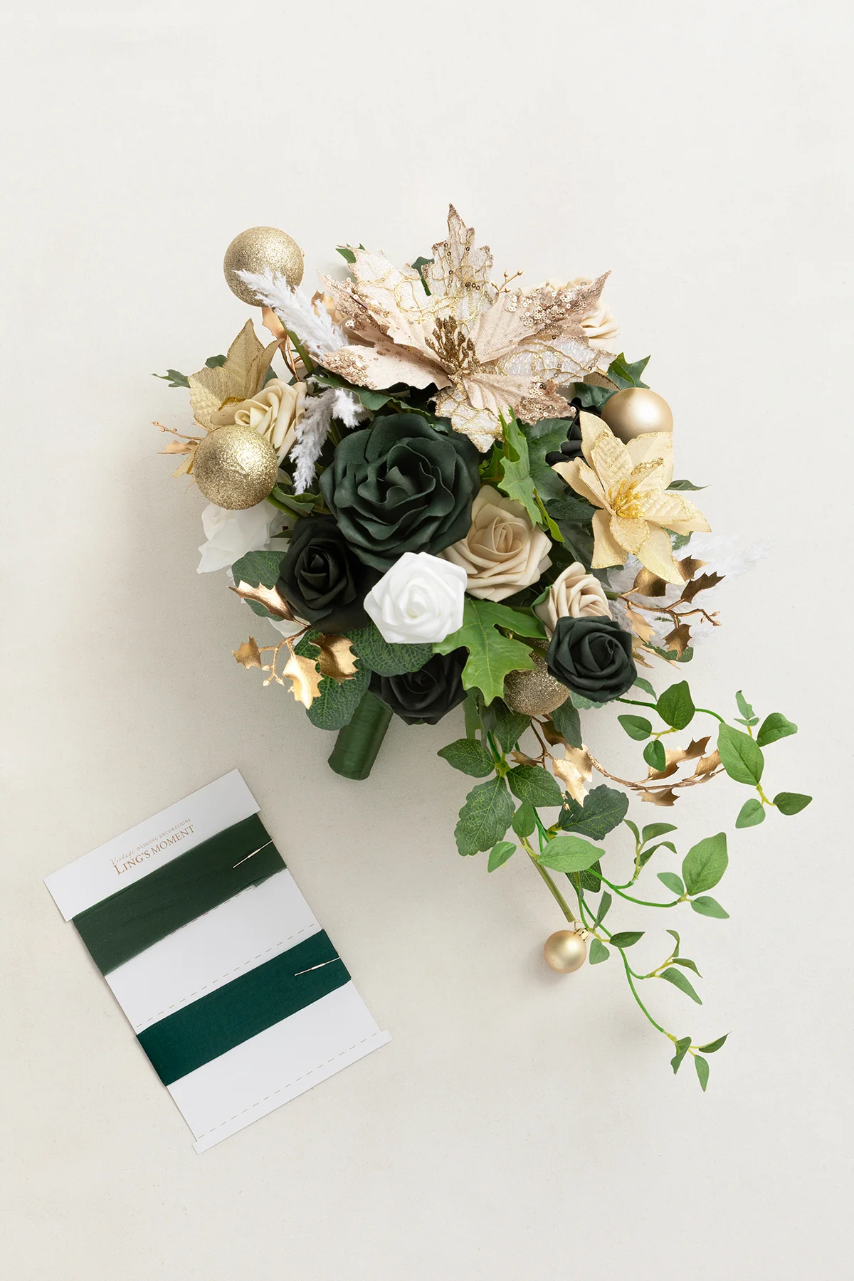 Small Cascade Bridal Bouquet in Gilded White Christmas Wedding - Image 5