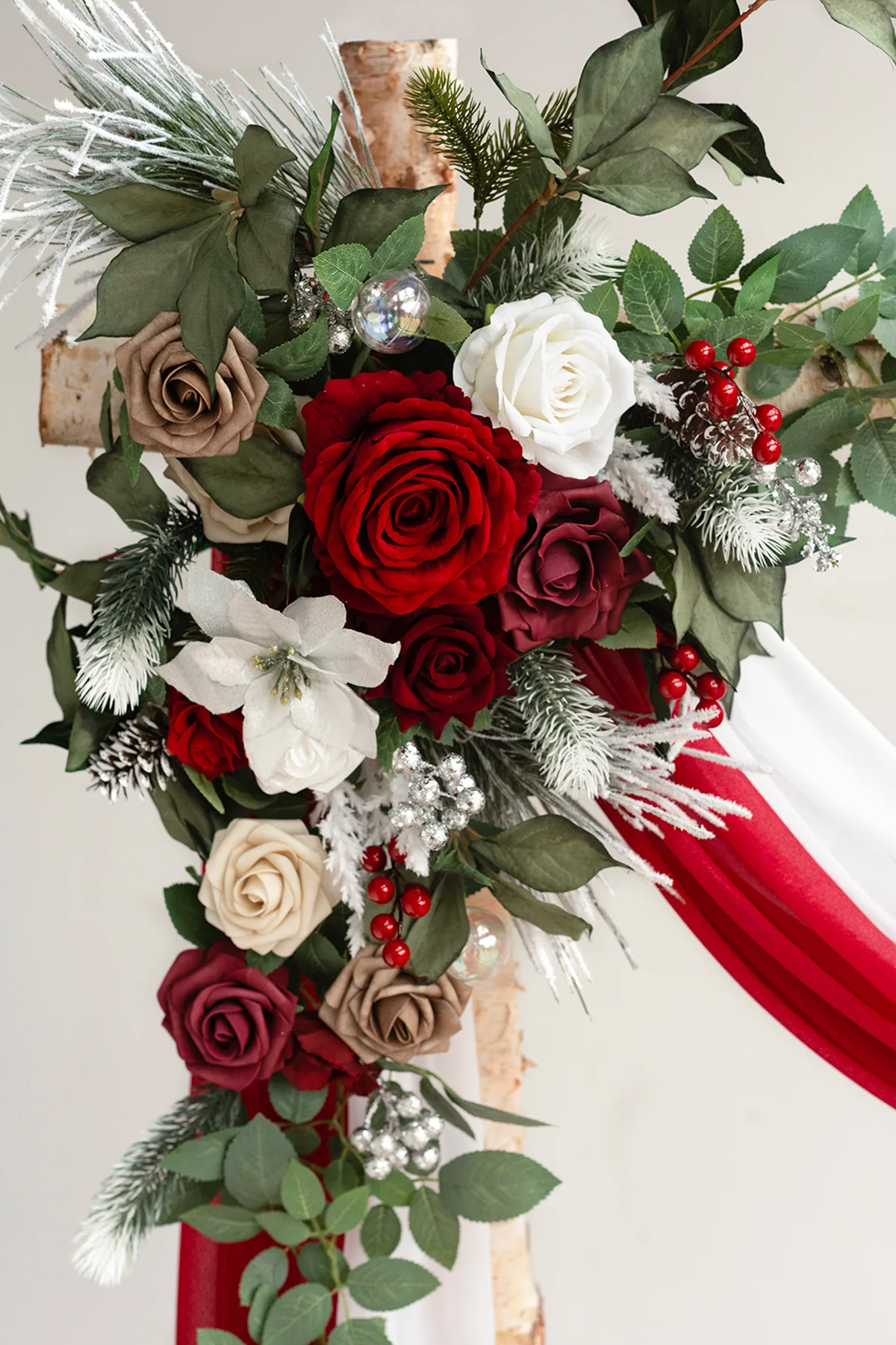 Flower Arch Decor with Drape in Christmas Red & Sparkle - Image 2