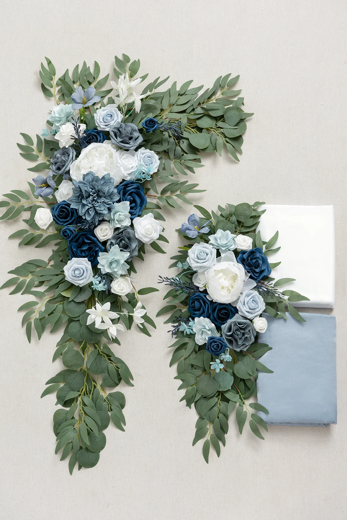 Flower Arch Decor with Drapes in Dusty Blue & Navy - Image 5