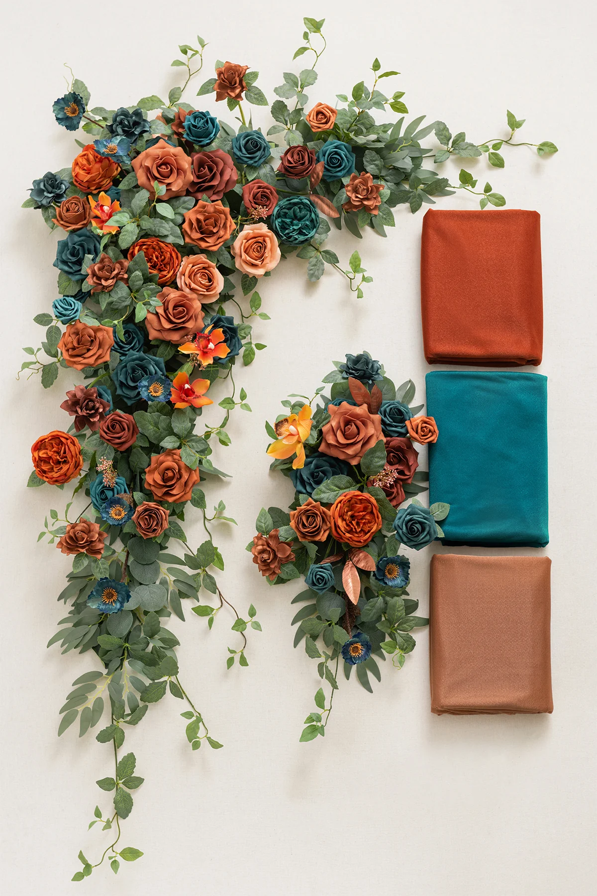 Flower Arch Decor with Drapes in Dark Teal & Burnt Orange - Image 11