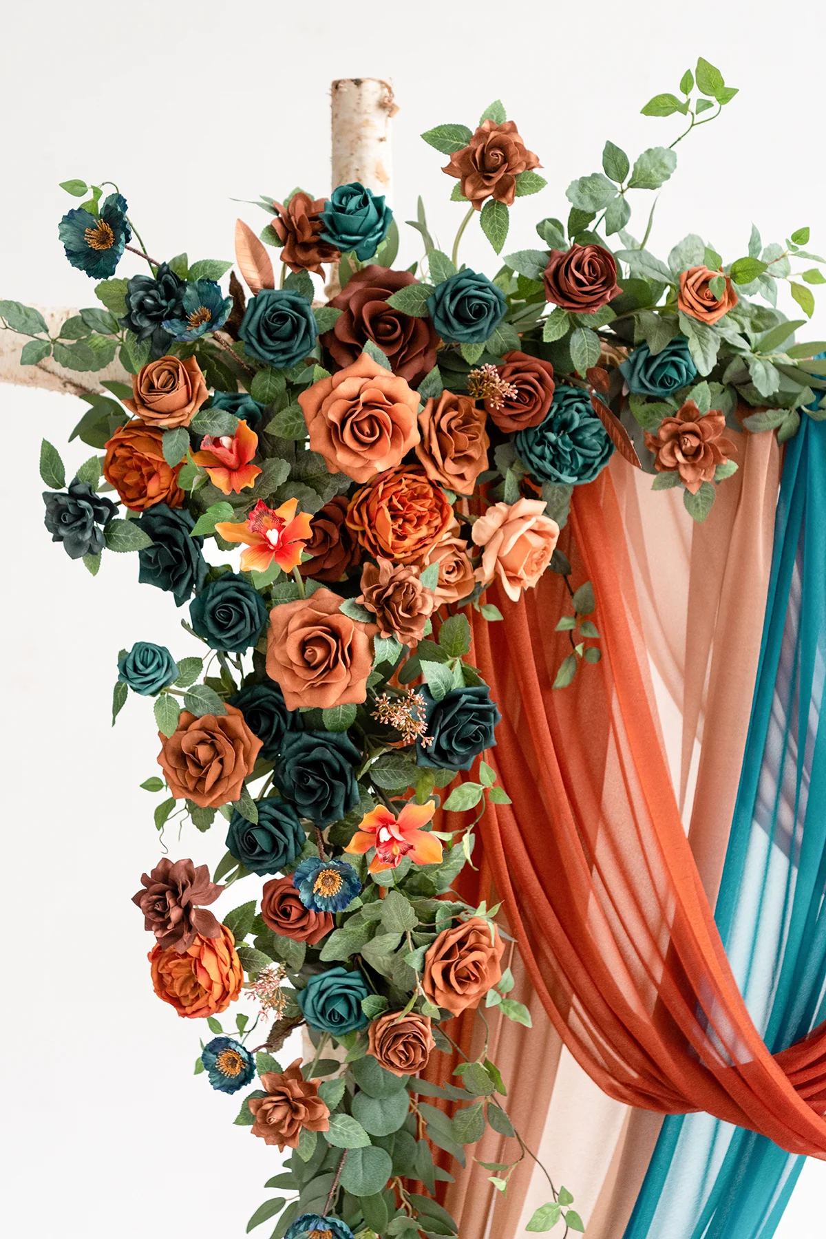 Flower Arch Decor with Drapes in Dark Teal & Burnt Orange - Image 8
