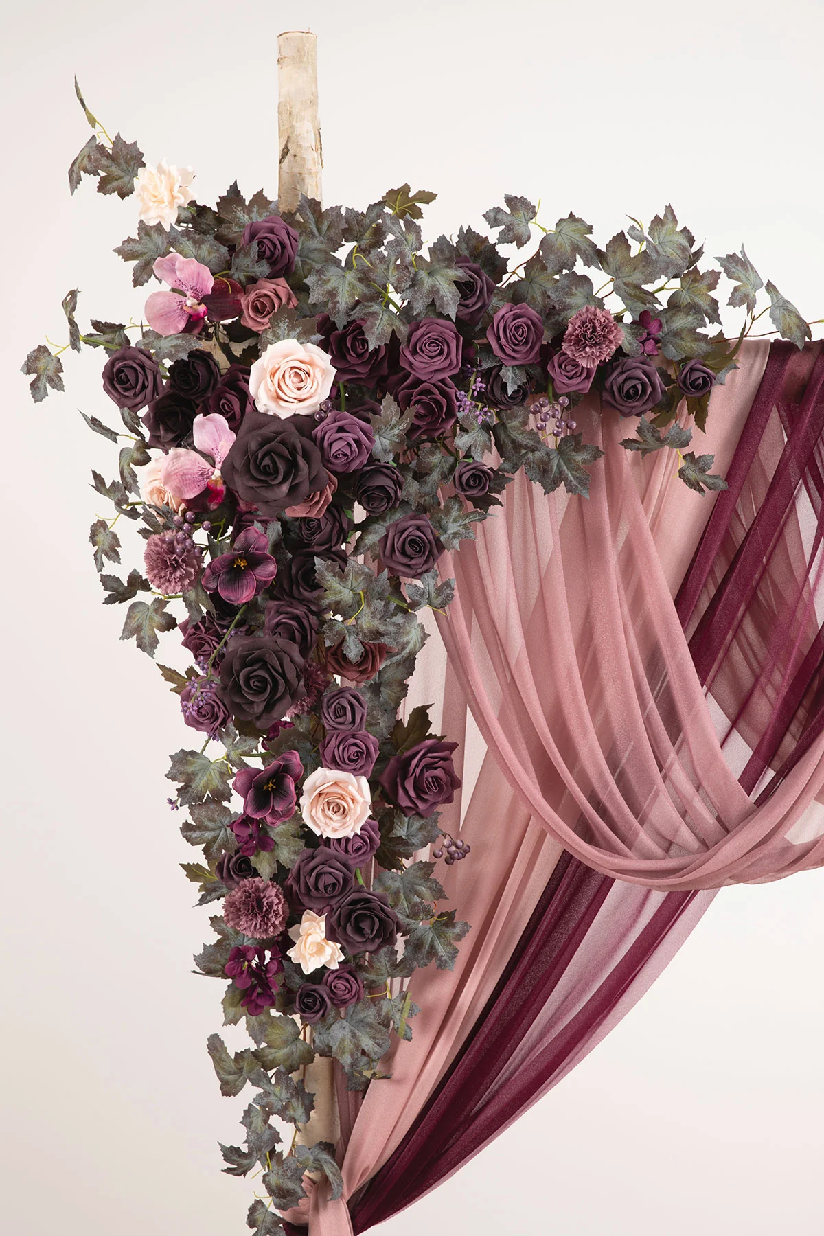Flower Arch Decor with Drapes in Plum Velvet Wedding | Clearance - Image 3