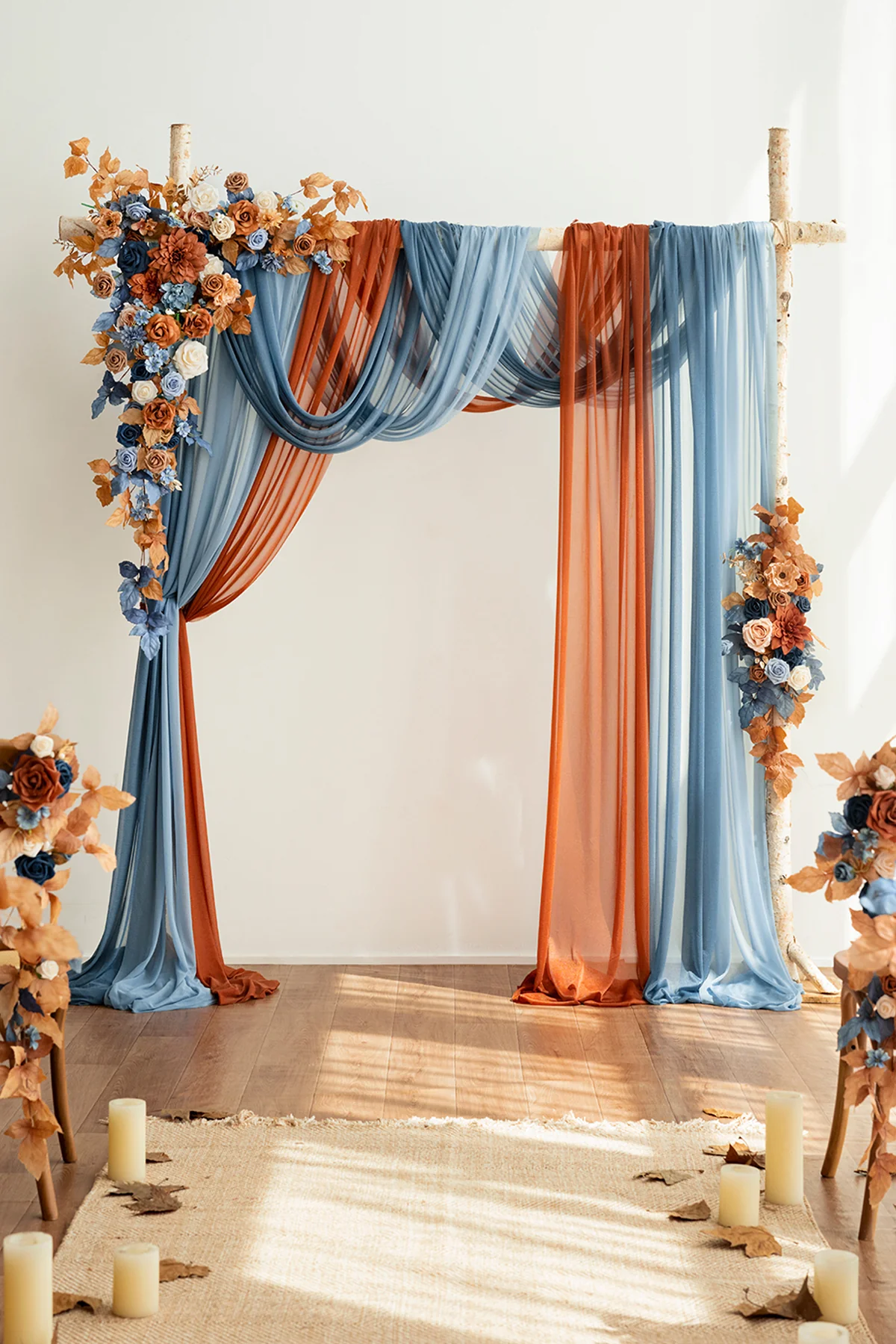 Flower Arch Decor with Drapes in Russet Orange & Denim Blue - Image 2