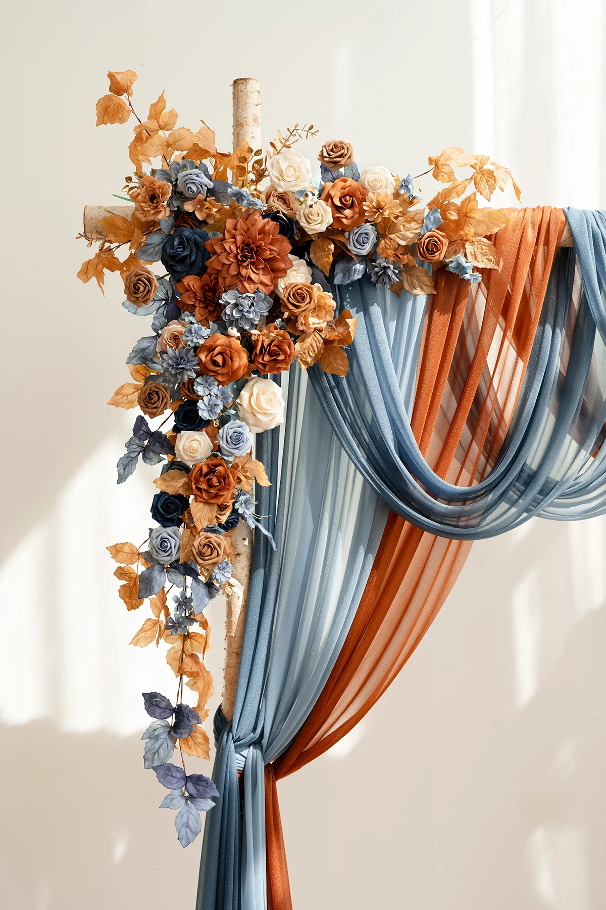 Flower Arch Decor with Drapes in Russet Orange & Denim Blue - Image 3