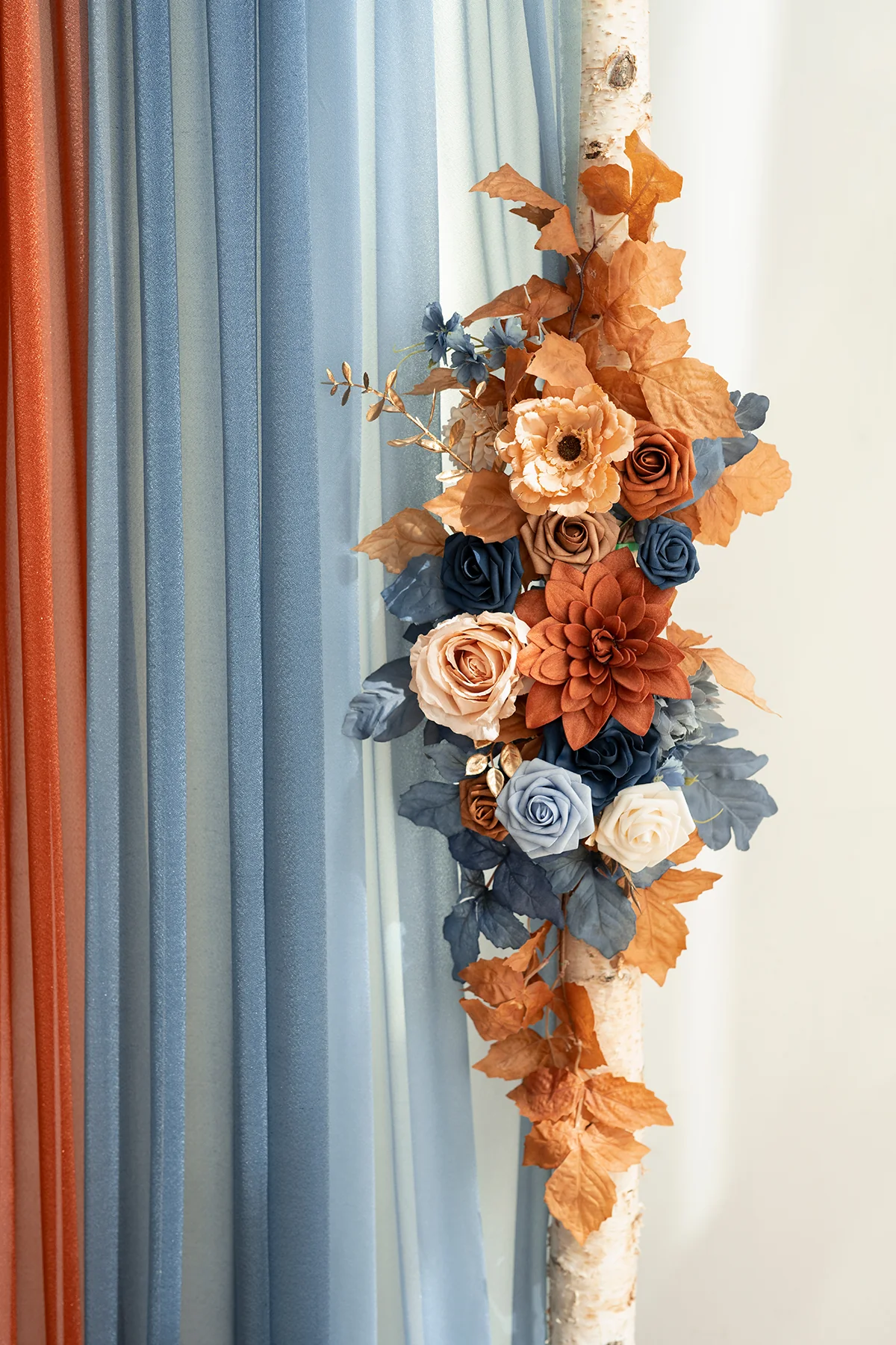 Flower Arch Decor with Drapes in Russet Orange & Denim Blue - Image 4