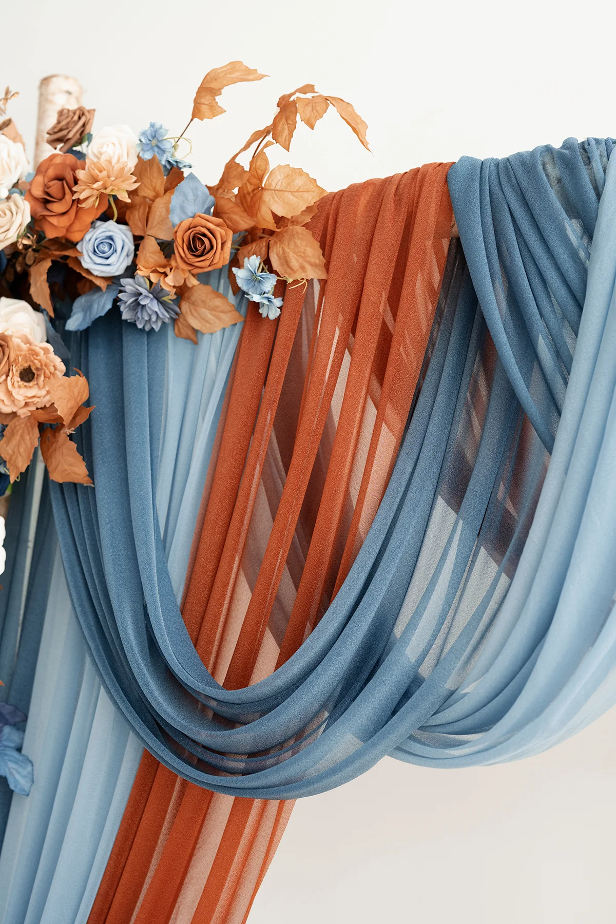 Flower Arch Decor with Drapes in Russet Orange & Denim Blue - Image 5