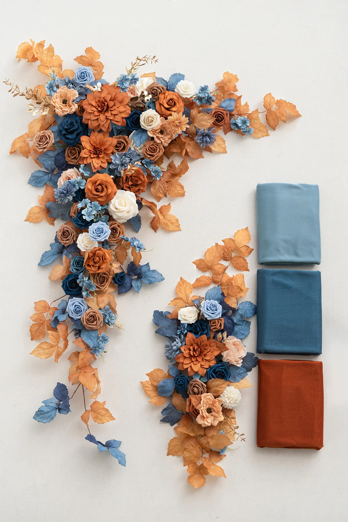 Flower Arch Decor with Drapes in Russet Orange & Denim Blue - Image 6