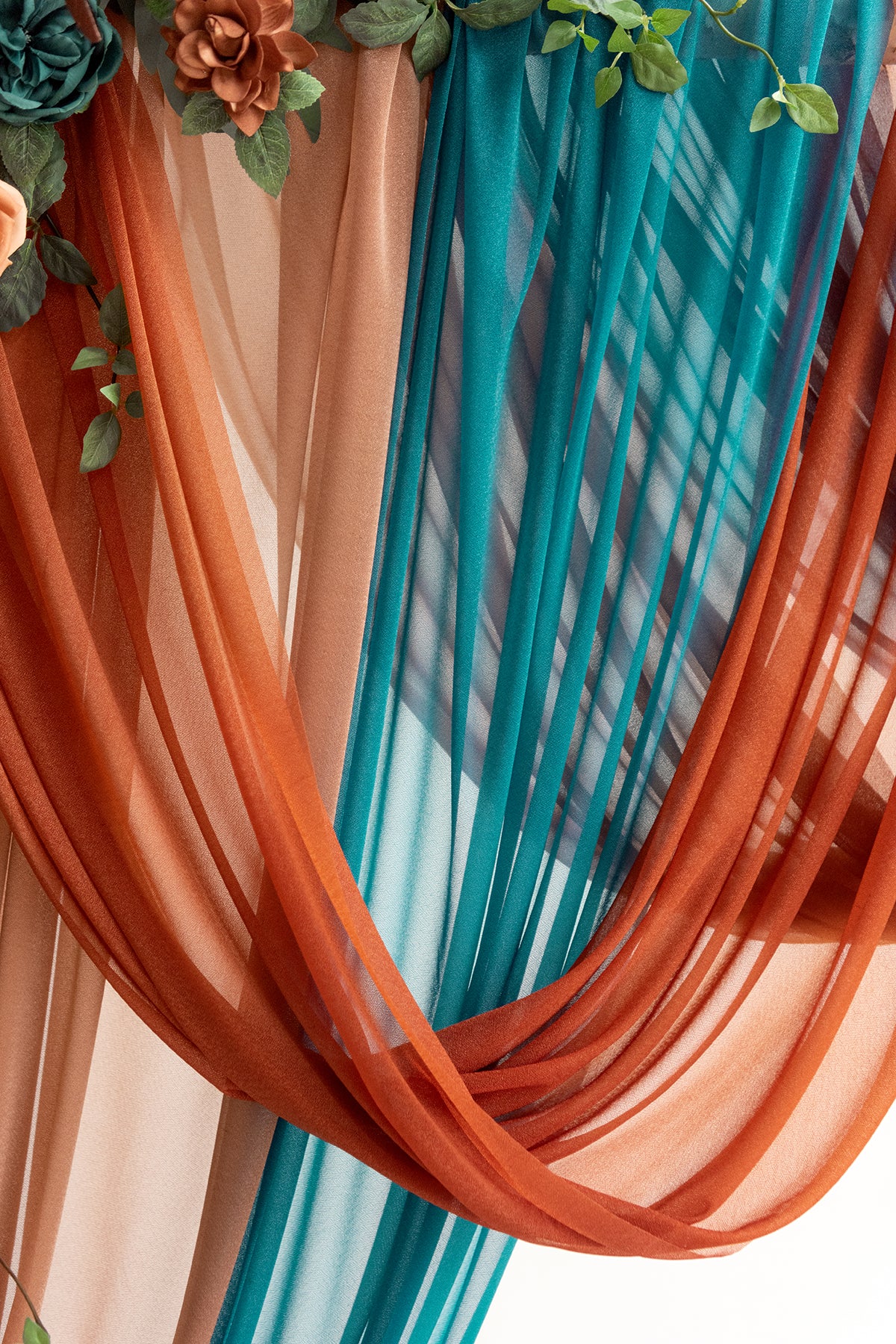 Flower Arch Decor with Drapes in Dark Teal & Burnt Orange | Clearance - Image 4