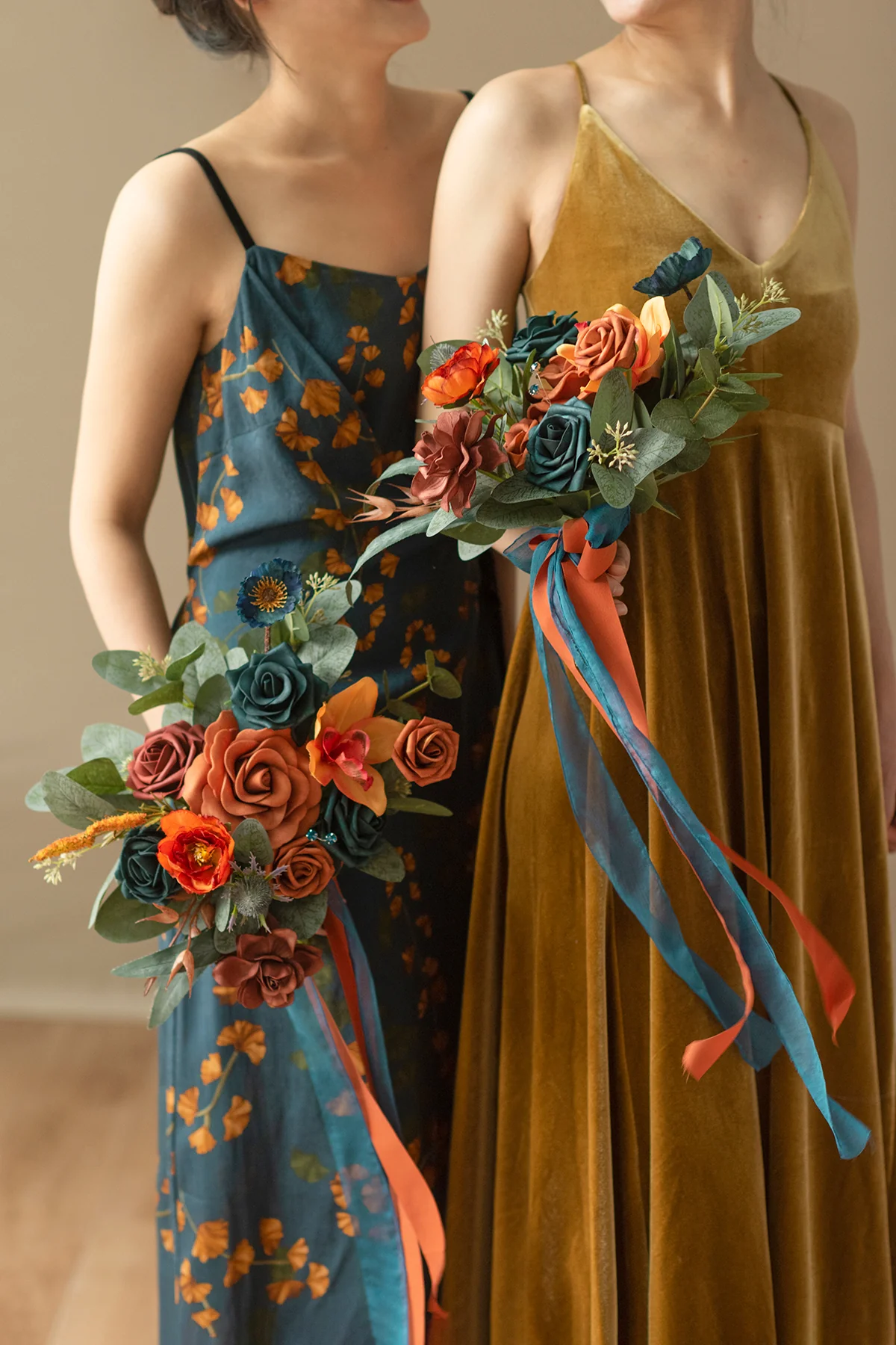 Free-Form Bridesmaid Bouquets in Dark Teal & Burnt Orange - Image 5