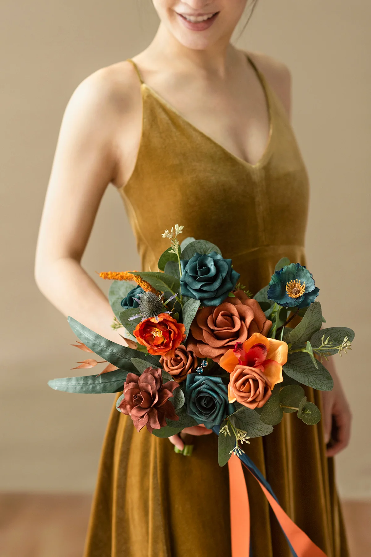 Free-Form Bridesmaid Bouquets in Dark Teal & Burnt Orange - Image 9