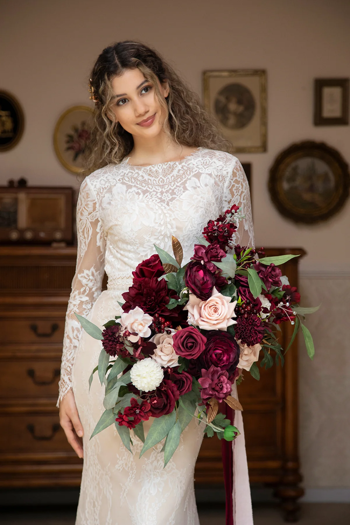 Large Free-Form Bridal Bouquet in Romantic Marsala - Image 2
